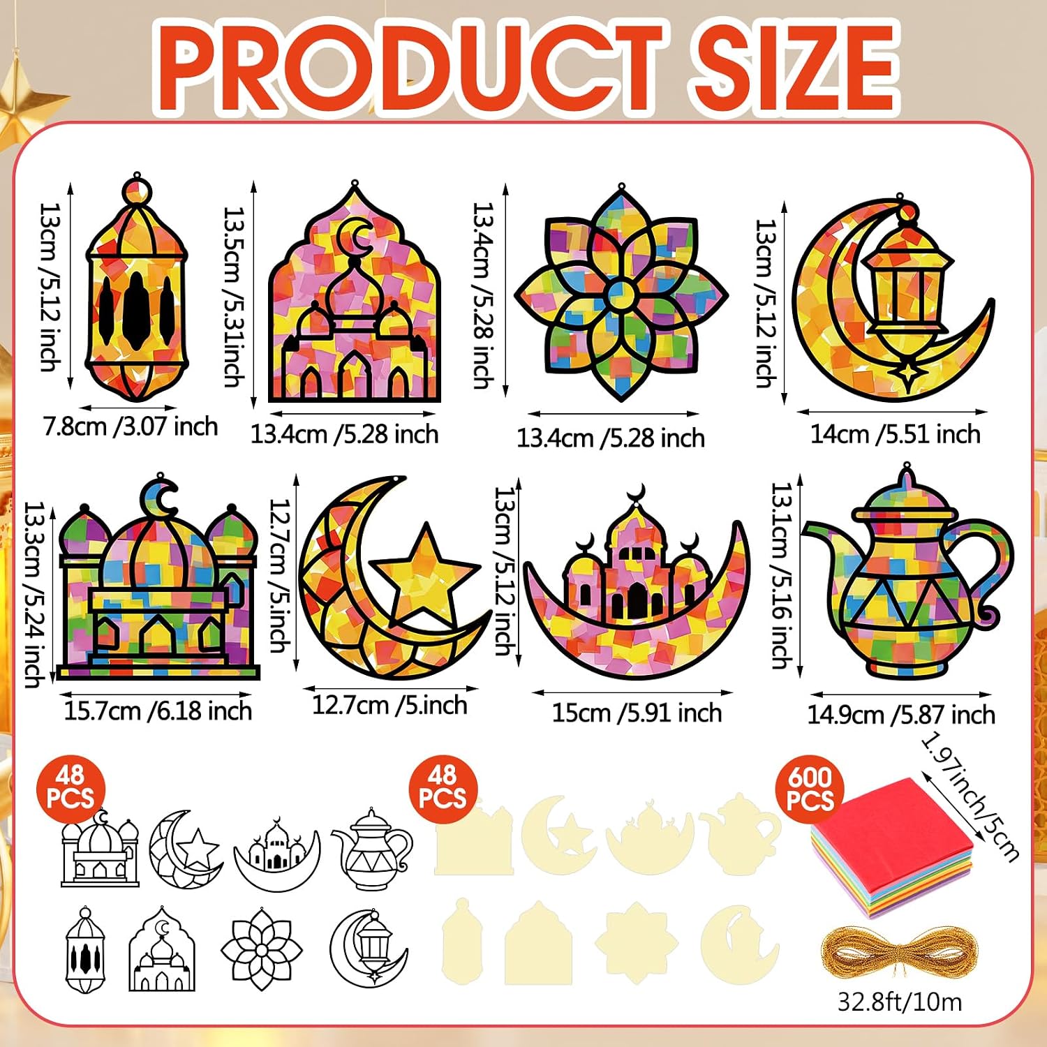 DoubleFill 48 Pcs 36 Sets Suncatchers Crafts Kit DIY Tissue Paper Suncatchers Craft Kit DIY Ornaments for Window Art (Ramadan) image 2