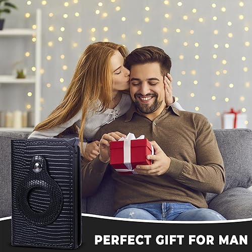 Miniatura 6 de Soporte para tarjetas AirTag, billetera plegable delgada para hombre, billetera. Compatible con Apple AirTag, cuero negro, bloqueo RFID, ventana de