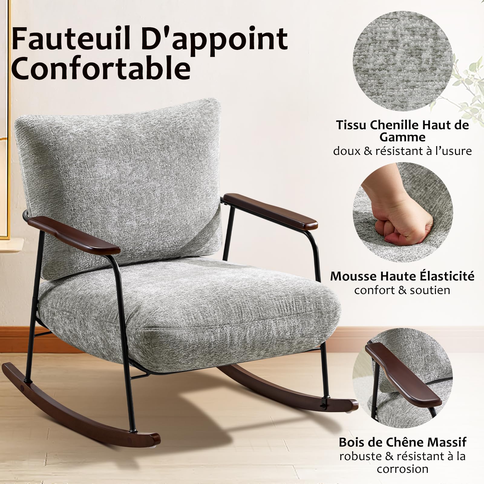 Hellove Fauteuil à Bascule Cocooning en Chenille – Rocking Chair Moderne avec Pieds Bois Massif, Fauteuil Relax pour Salon, Chambre, Coin Lecture, Gris