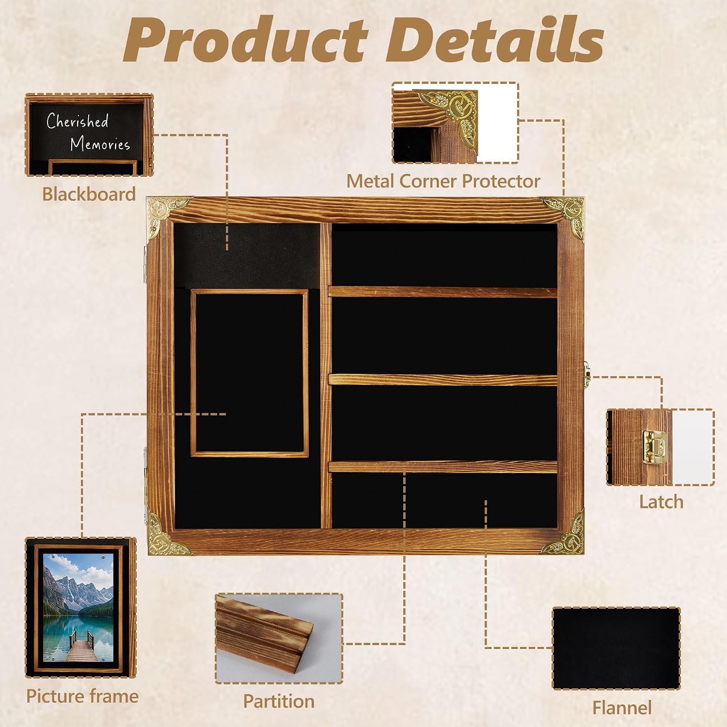 Large Lighted Shadow Box Display Case with Shelves, Wood | Deep wood frame, removable shelves, photo holder, for medals, military keepsakes, travel souvenirs, and memorial displays