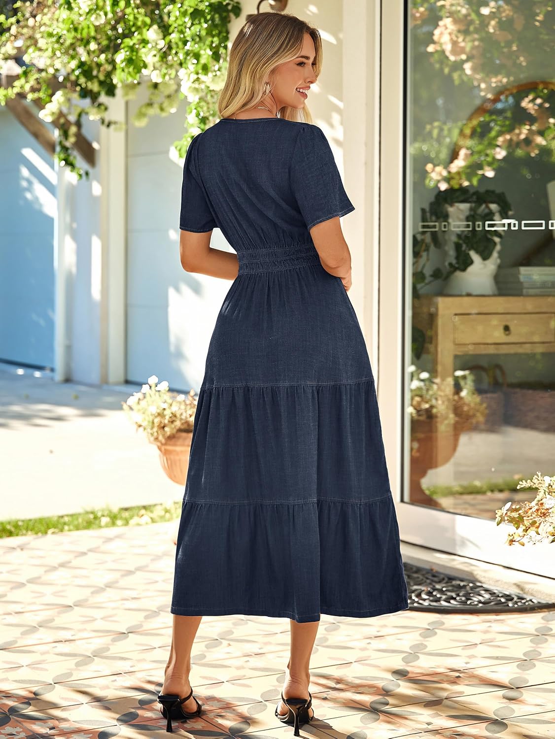 Simplee Womens Summer Denim Dress Casual Short Sleeve V Neck Empire Waist Boho Flowy Western Jean Maxi Dresses with Pockets - Image 5