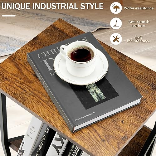 Miniatura 6 de Tangkula Mesa auxiliar industrial, mesa auxiliar de 3 niveles con estante para revistas, marco de metal, parte superior resistente a los arañazos,