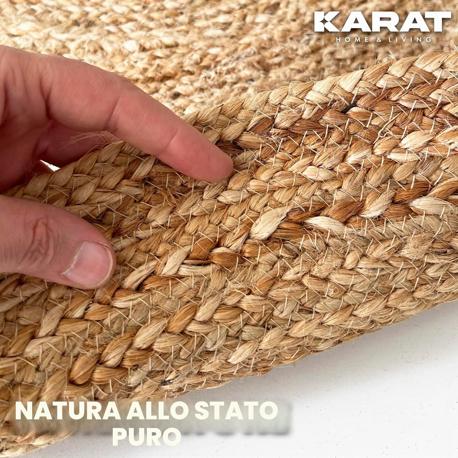 KARAT Tappeto Rotondo in Iuta, in 100% Fibra Naturale, Intrecciato, Tappeto Naturale Intrecciato a Mano, per Cucina e Soggiorno, Robusto e Resistente agli Strappi, Ø 200 cm (Surat)