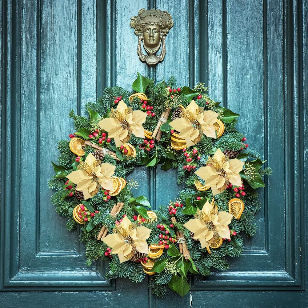 COOLJOY 24 PCS Gold Poinsettia Artificial Flowers Glitter Christmas Tree Ornaments for Xmas Wedding Party Wreath Decoration