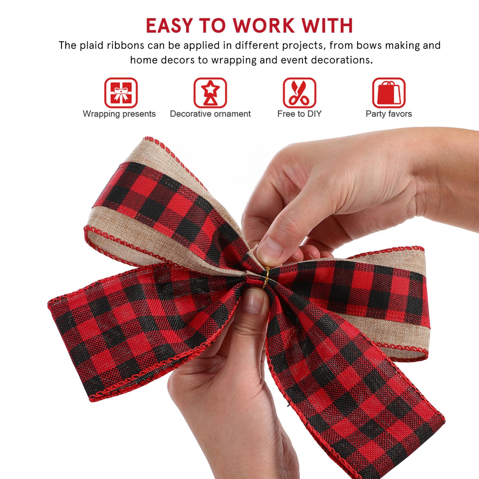 minkissy 3 Rolls Christmas Burlap Ribbon, 5 Yards Buffalo Plaid Ribbon - Image 4