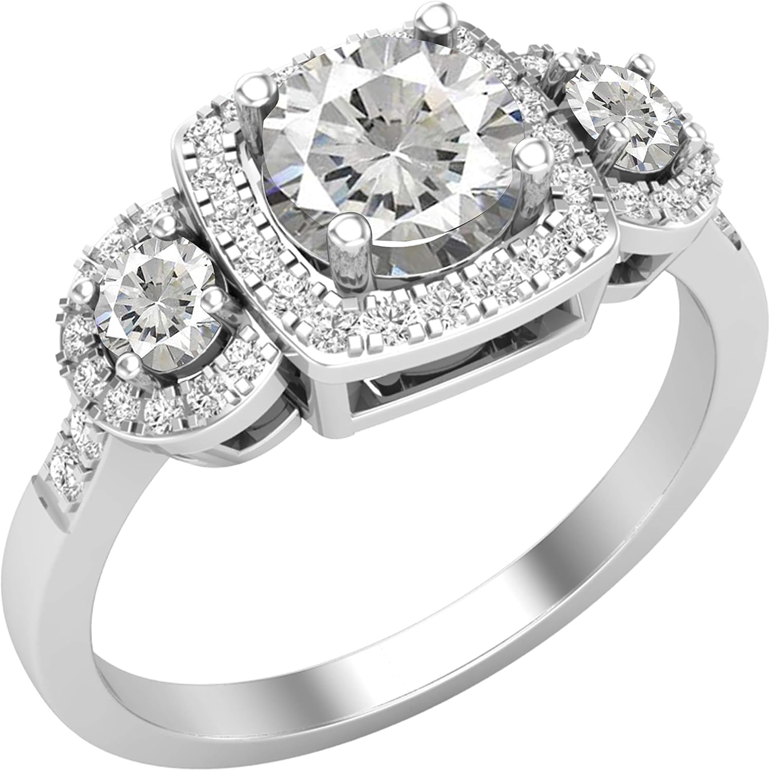 Dazzlingrock Collection Round Lab Created Gemstone & Natural White Diamond Ladies 3 Stone Halo Style Engagement Ring, 925 Sterling Silver