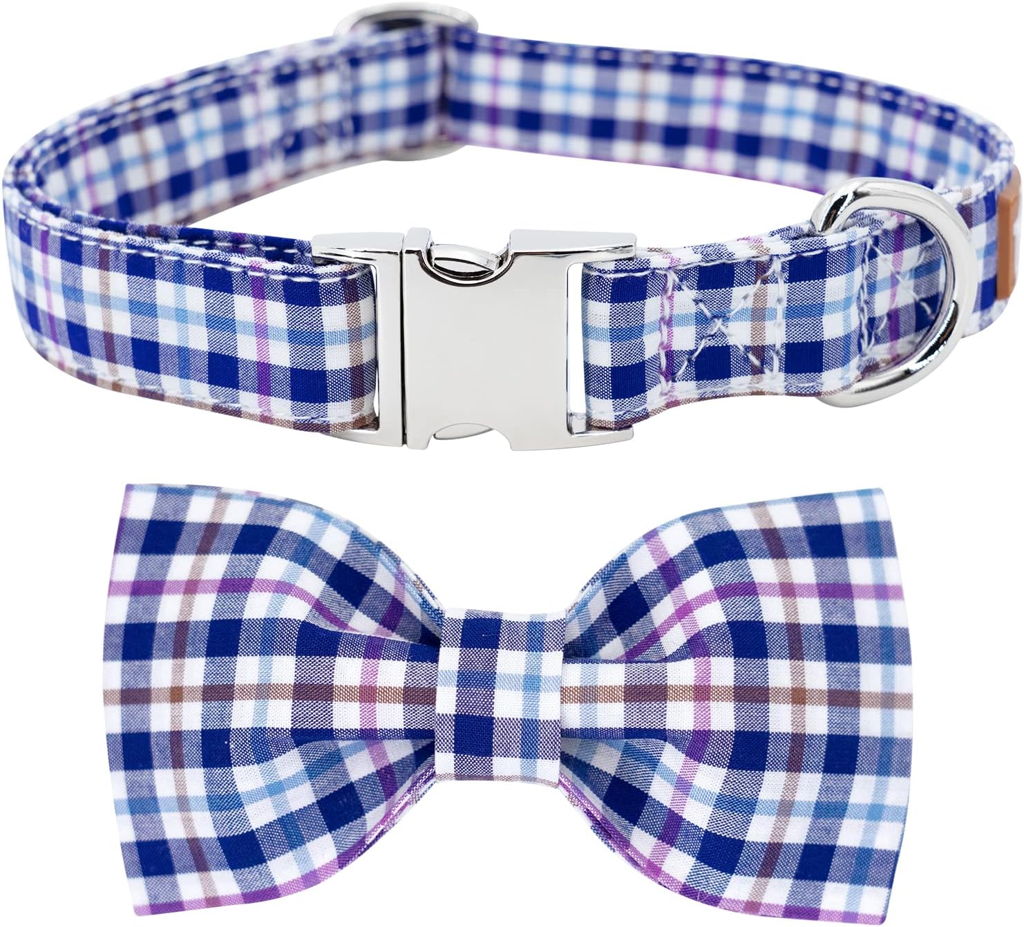 Tunkoo Dog Collar with Bow Tie Elegant Plaid Soft Comfy Cotton Adjustable Collar Premium Metal Buckle,Small Medium Large Puppy Cat Outdoor Training Walking Running（Bule Grid，S）