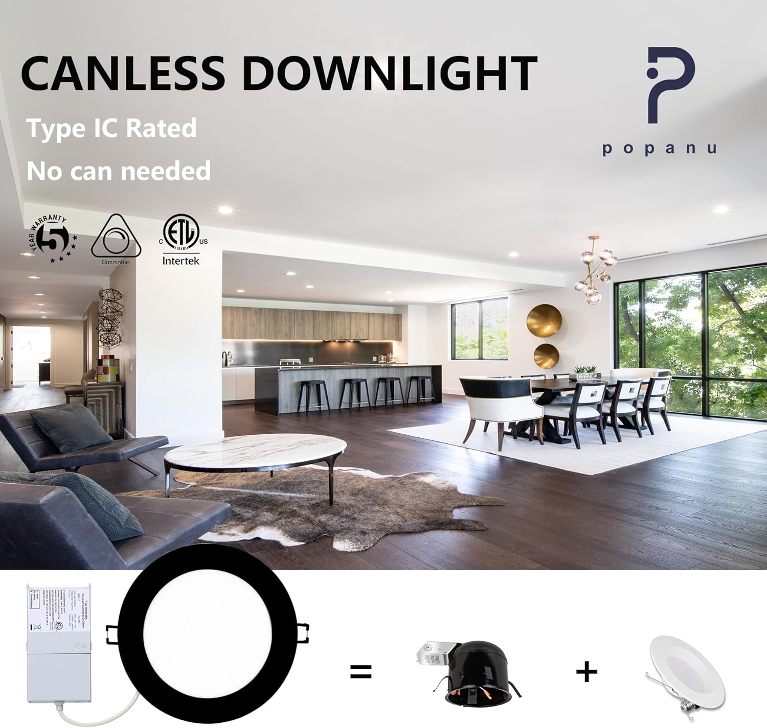 POPANU Premium LED-Canless Recessed Lighting 6-inch Ultra-Thin 5 CCT Adjustable Ceilling Light with Junction Box, 12W Color Temperature Selectable Downlight, 2700-5000K Dimmable, 6 Pack, Black