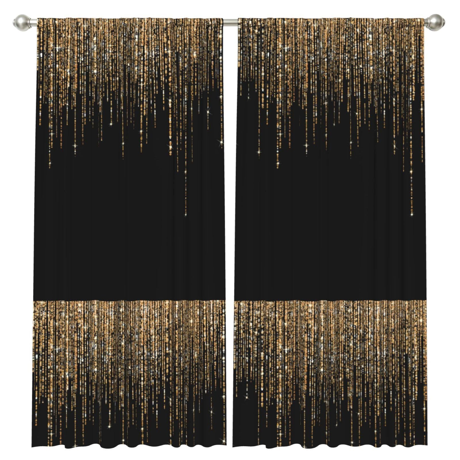 InOmak Franges à Paillettes Noires et dorées, Rideaux occultants à 2 Panneaux, 132 x 213 cm, pour Salon et Chambre.