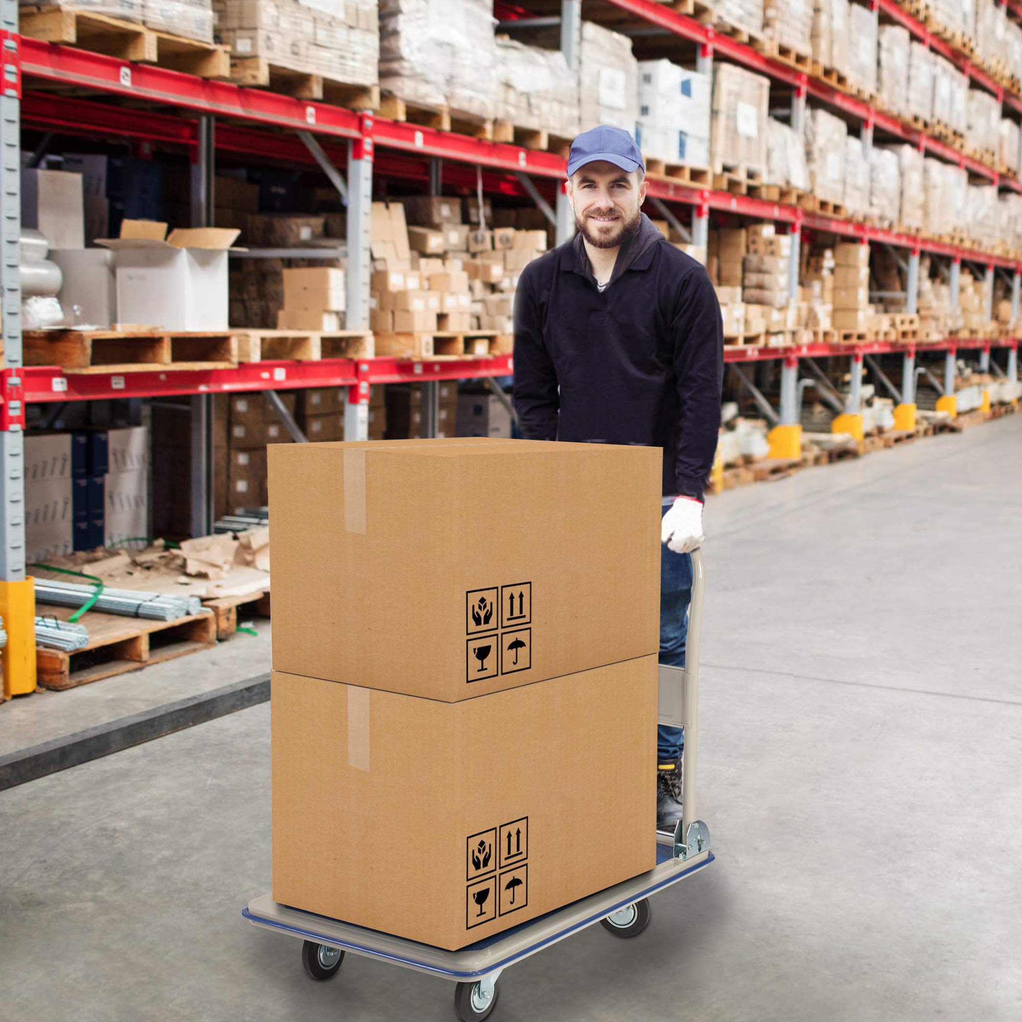 LUCKYERMORE Platform Truck Hand Flatbed Push Dolly Cart Folding Heavy Duty Rolling Cart with 4 Wheels, 330 lbs Weight Capacity