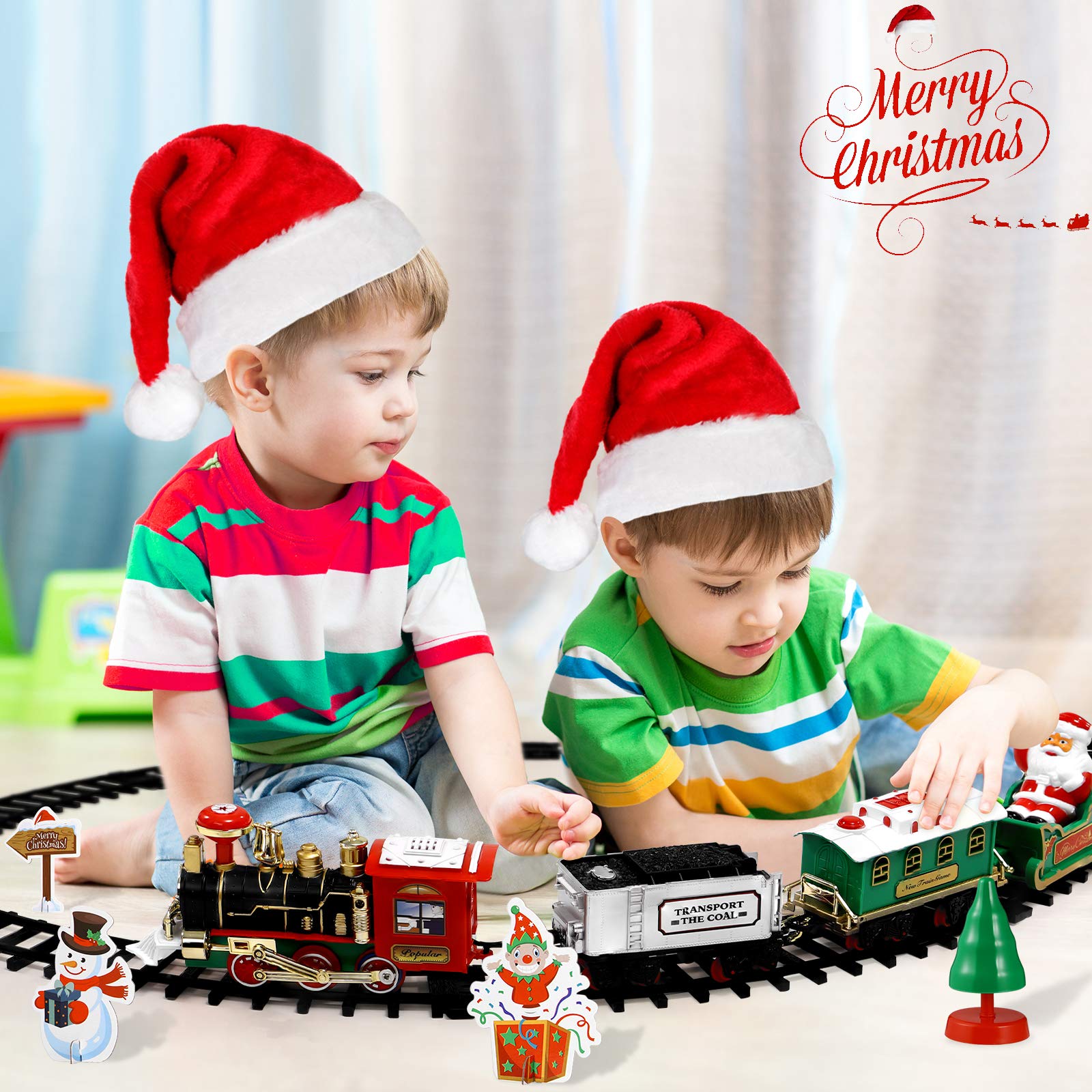 Toyvian Set di Treni ferroviari di Natale con Binario Ferroviario da 119,9 cm e 4 luci e Suoni ferroviari, a Batteria, Locomotiva Motore, Giocattoli elettronici, per Bambini