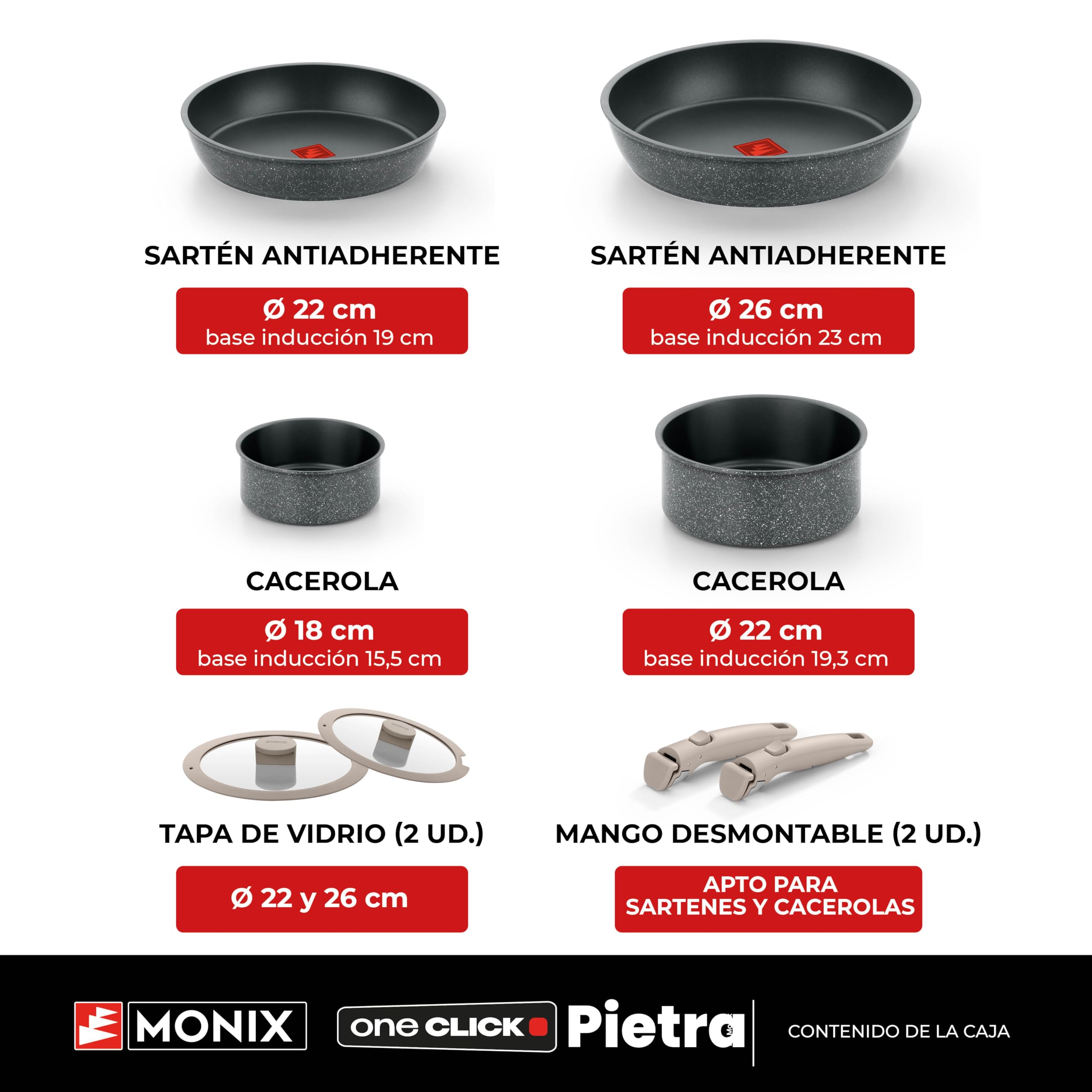 MONIX One Click Pietra | Batería 8 piezas, Aluminio Forjado con Antiadherente, libre de PFOA, Mango Desmontable, Apta para todo tipo de Cocinas, Incluida Inducción, Apilable para ahorro de Espacio