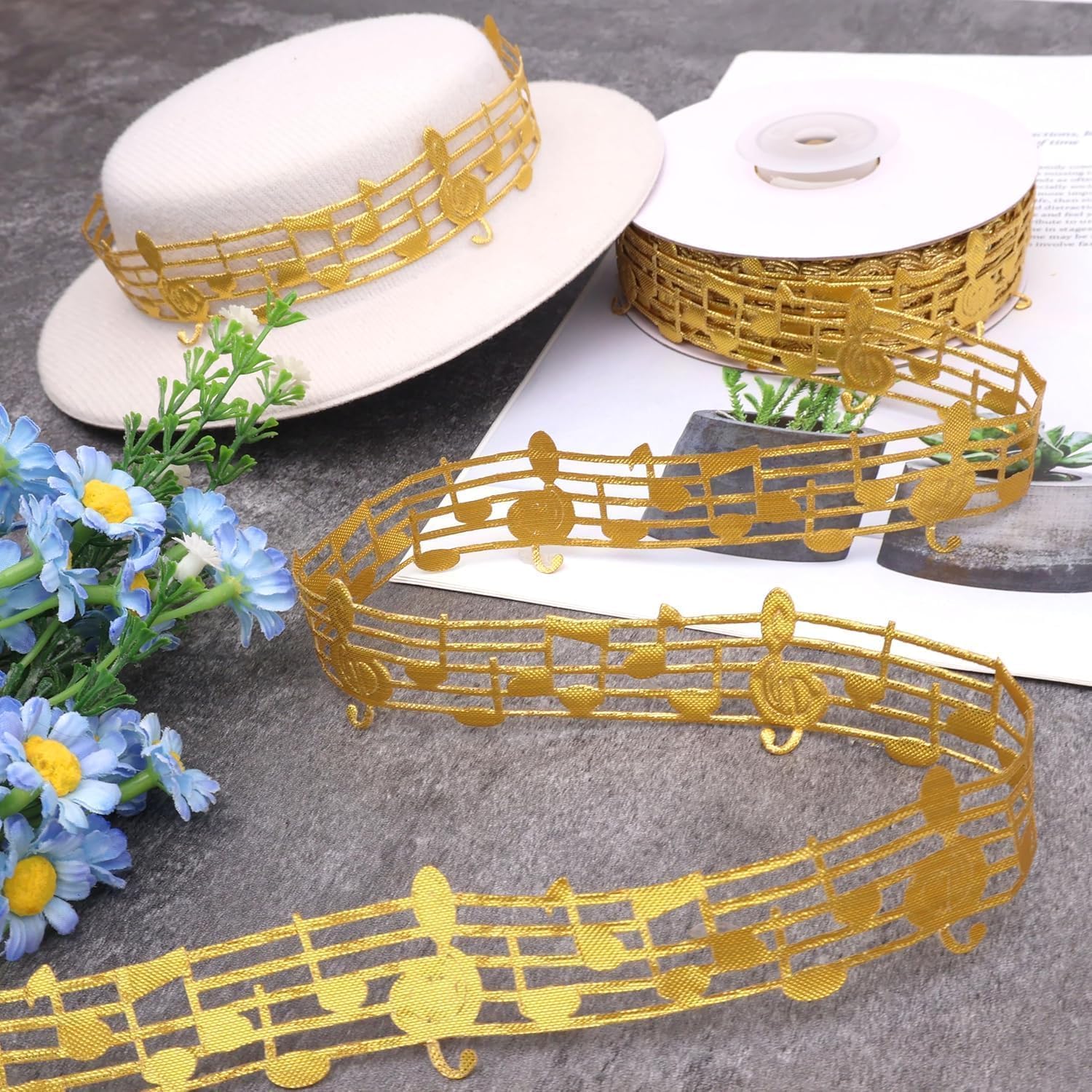 10 Yards 30mm(1.1 Inch) Polyester Hollow Cut Out Music Note Ribbon Clothing Trim Accessories for Scrapbooking DIY Gift (Gold) image 2
