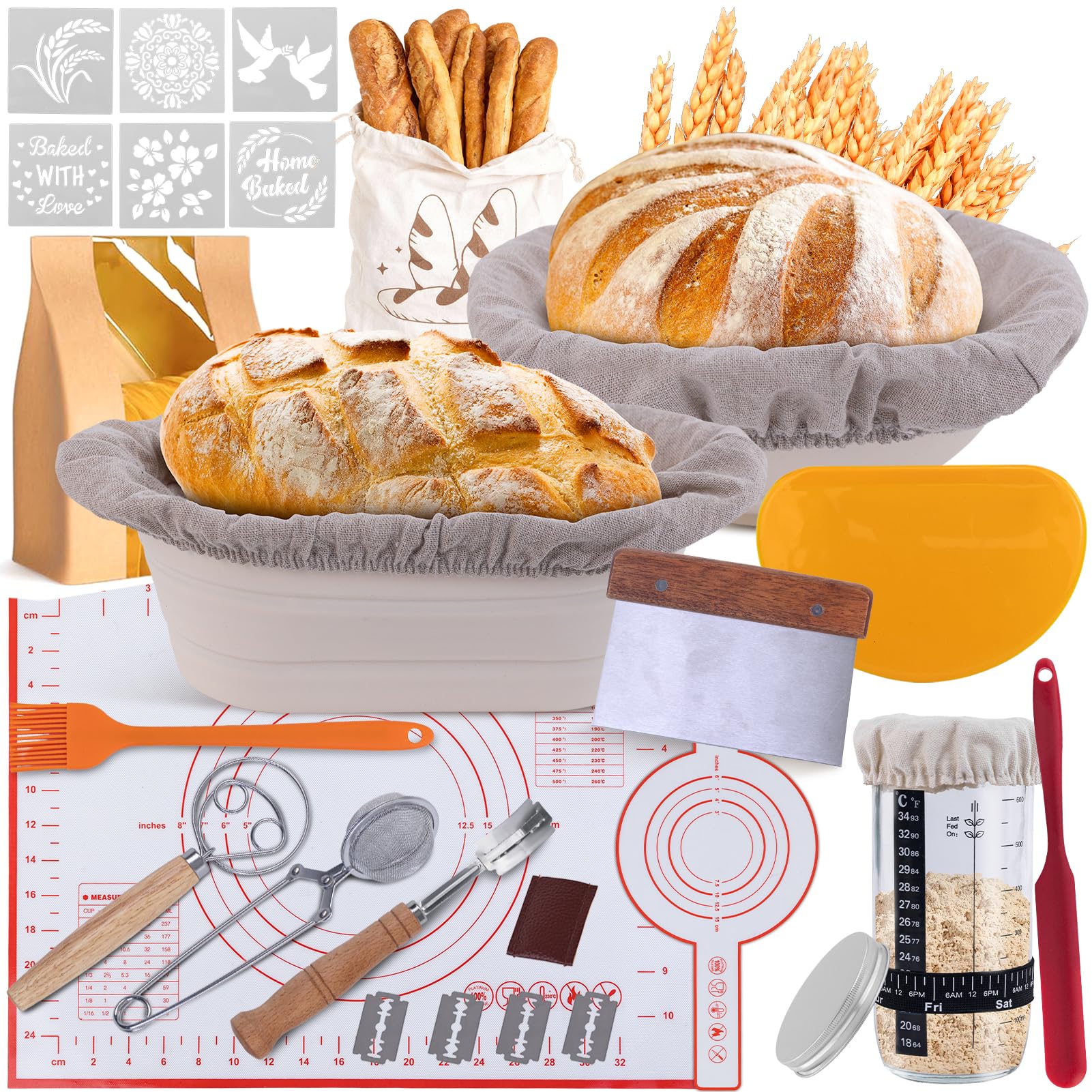 Proofing Basket for Sourdough Starter Set, Basket Bread Baking with Sourdough Starter Glass, zestaw startowy do pieczenia chleba, duży prezent dla początkujących, doświadczony