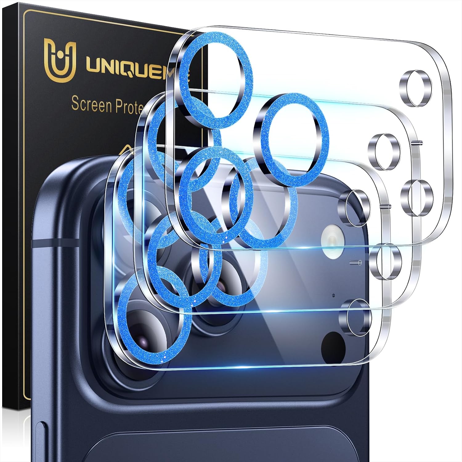 UniqueMe for 3 Pack iPhone 17 Pro Max Camera Lens Protector - [Drop Protection] [Case Friendly] 9H Tempered Glass Camera Cover Screen [Update New Version] - Glitter Blue