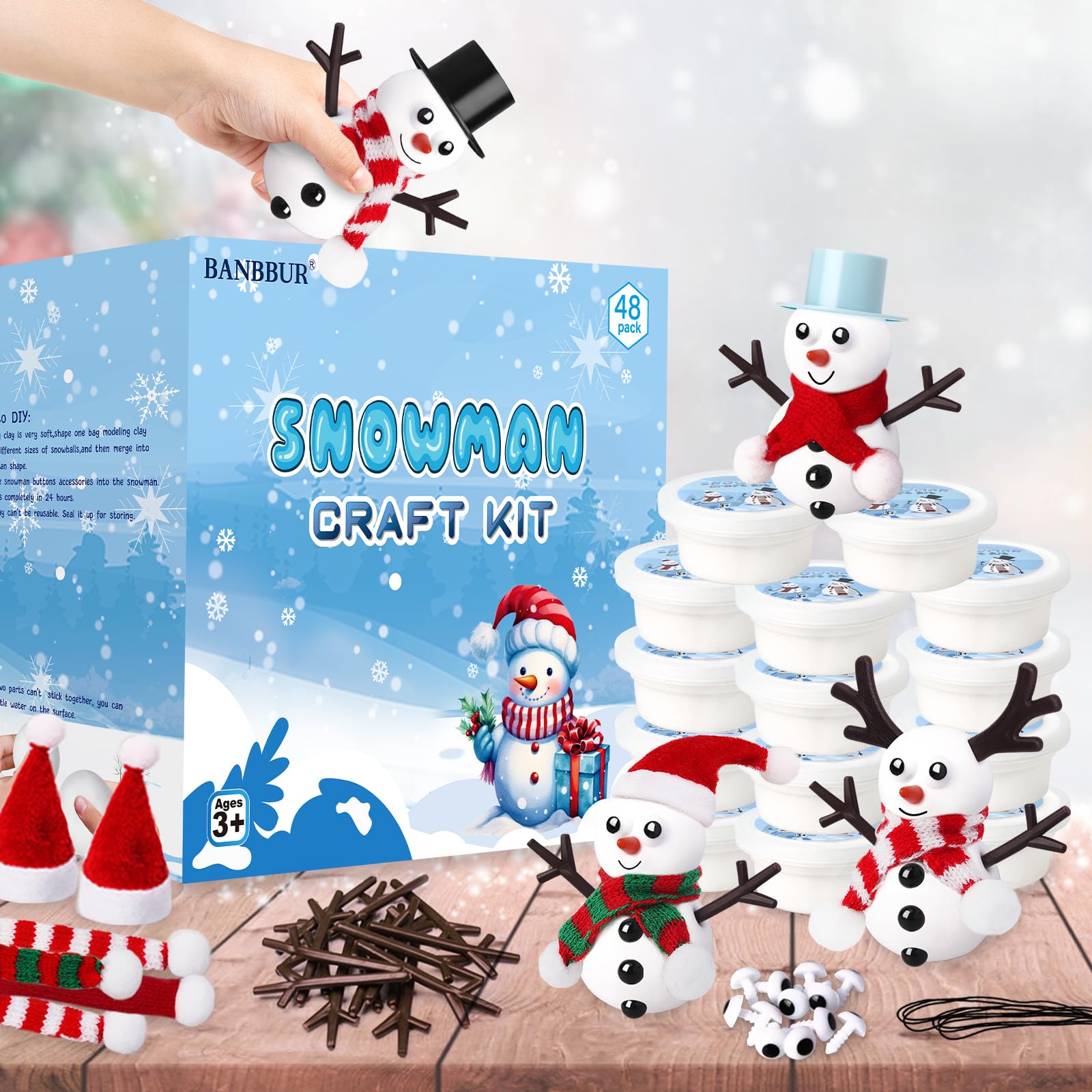 BANBBUR Paquete de 48 rellenos de calcetines para niños, manualidades de Navidad para niños a granel, kit de muñeco de nieve, manualidades de muñeco de nieve, arcilla de modelado, relleno de