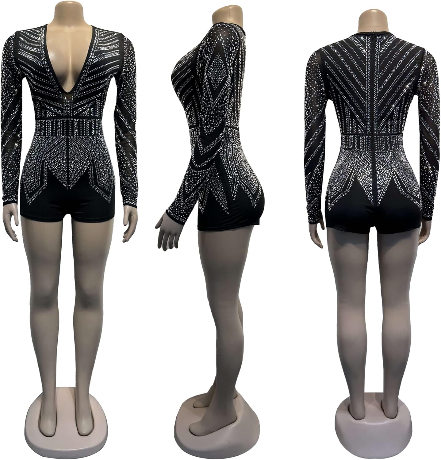 PORRCEY Women Sexy Elegant Rhinestone Mesh See Through Jumpsuits Bodycon Party Club Night Rompers - Image 3