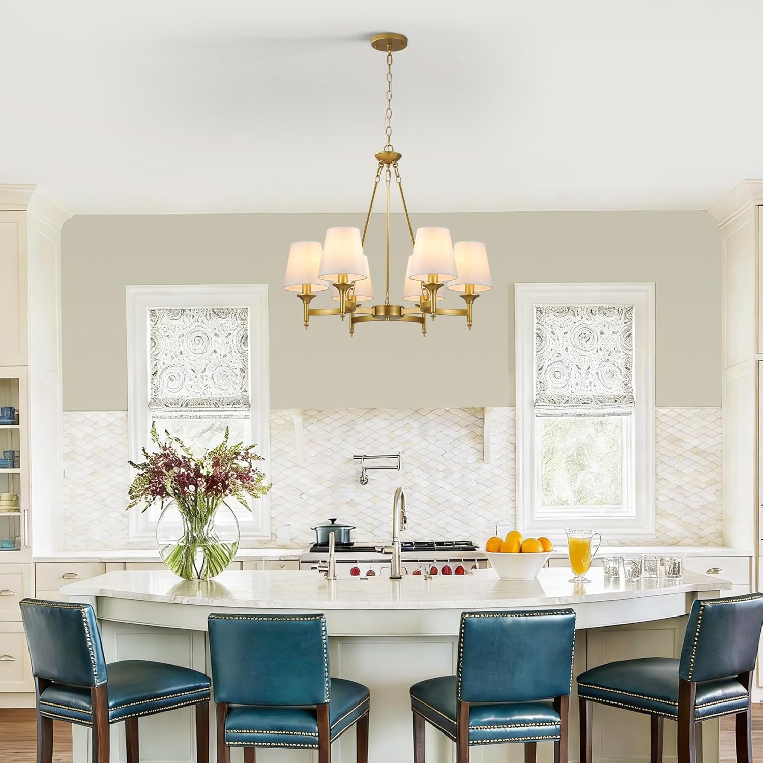 Gold Modern Farmhouse Chandelier, 27.2" 6-Light Round Pendant Light with White Fabric Shades, Adjustable Hanging Fixture for Dining Room Over Table Kitchen Island Living Room
