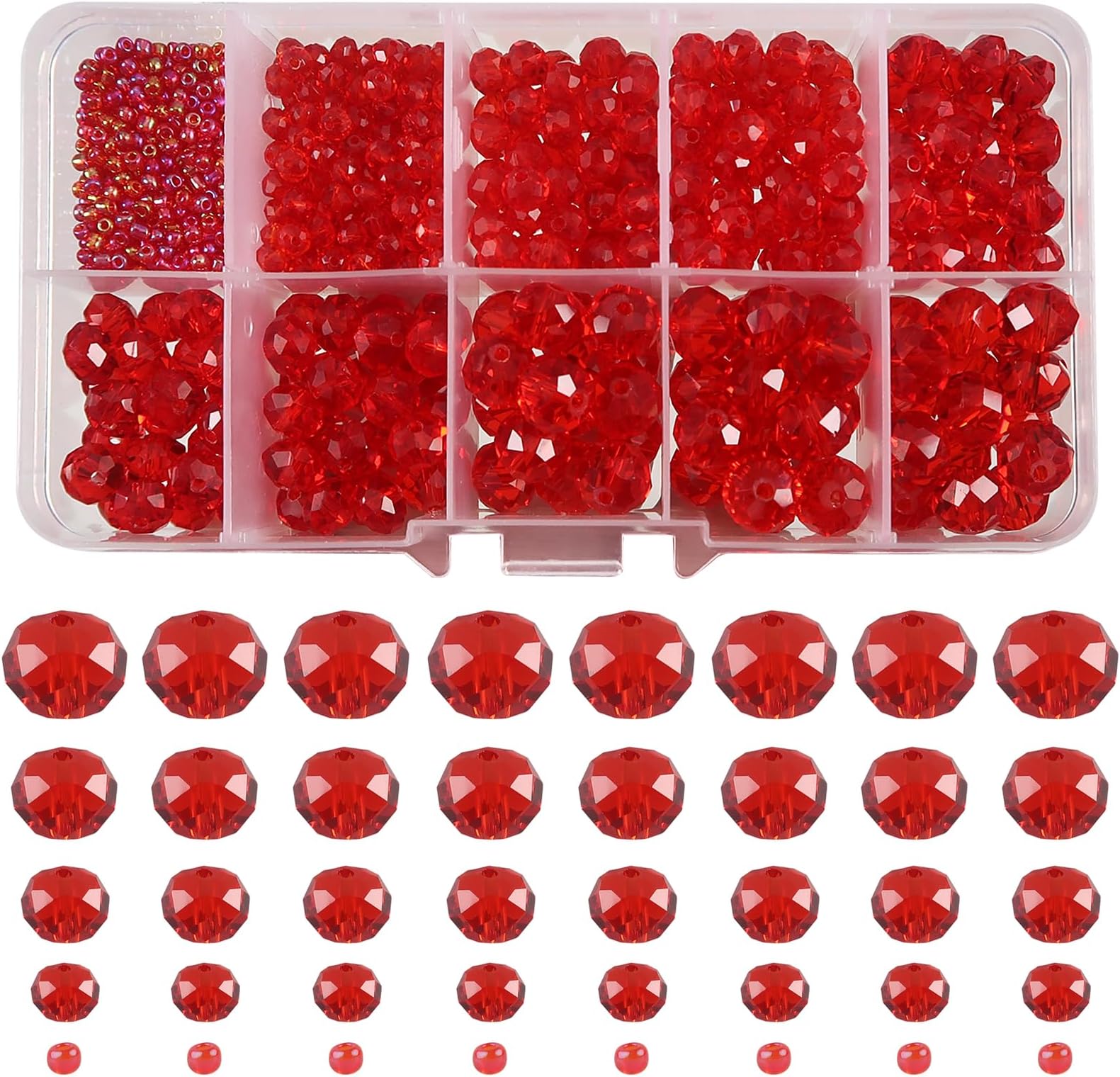TOAOB THE ONE AND ONLY BABY 1000 Pieces Facet Beads, Red, 2 mm, 4 mm, 6 mm, 8 mm, 10 mm, Glass Crystal Beads, Faceted Glass Beads for Bracelets, Necklaces, Earrings, Jewellery Making