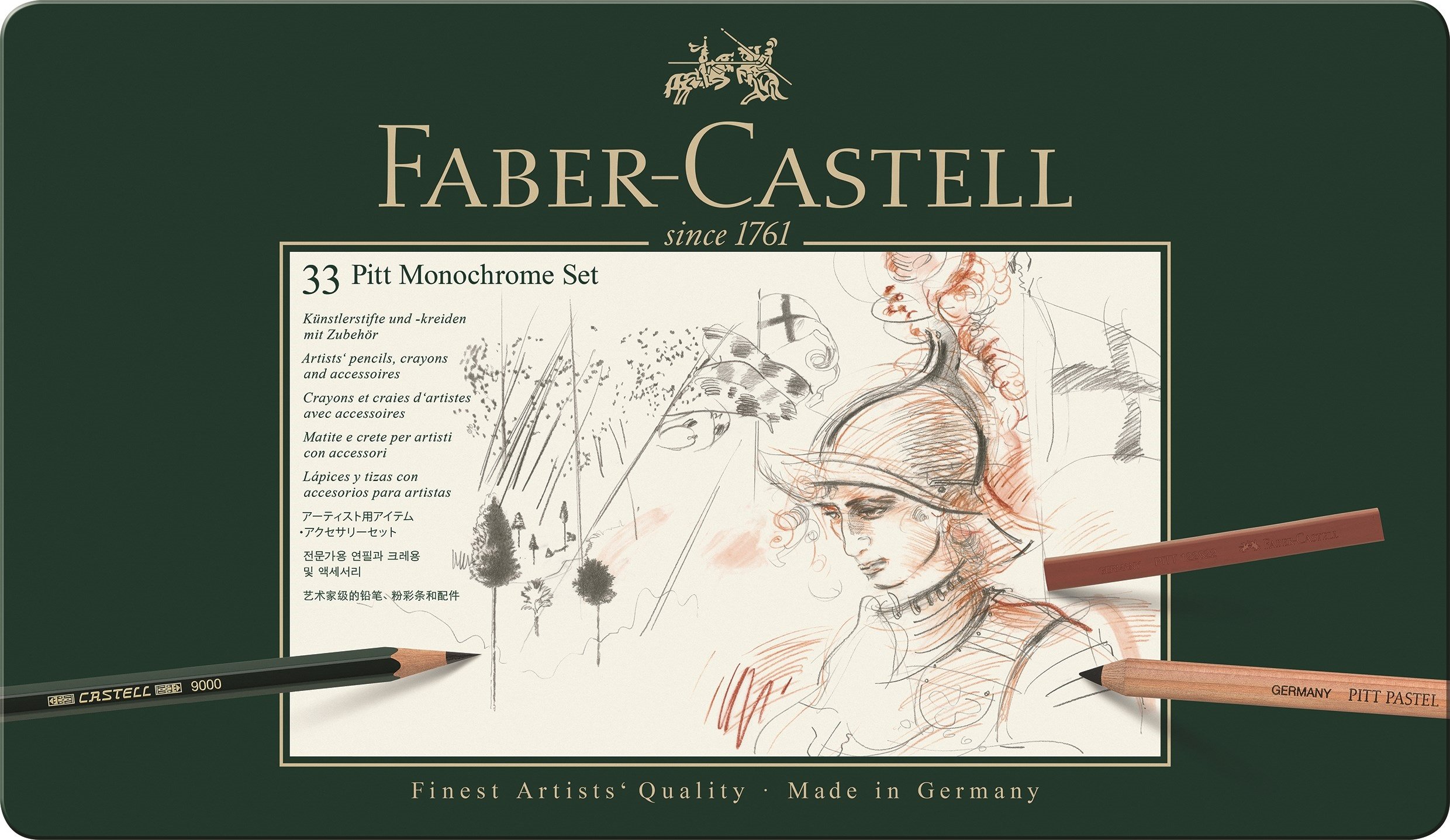 Faber-Castell 112977 - Pitt Monochrome Set im Metalletui, groß 33-teilig, mit 2 Blöcken