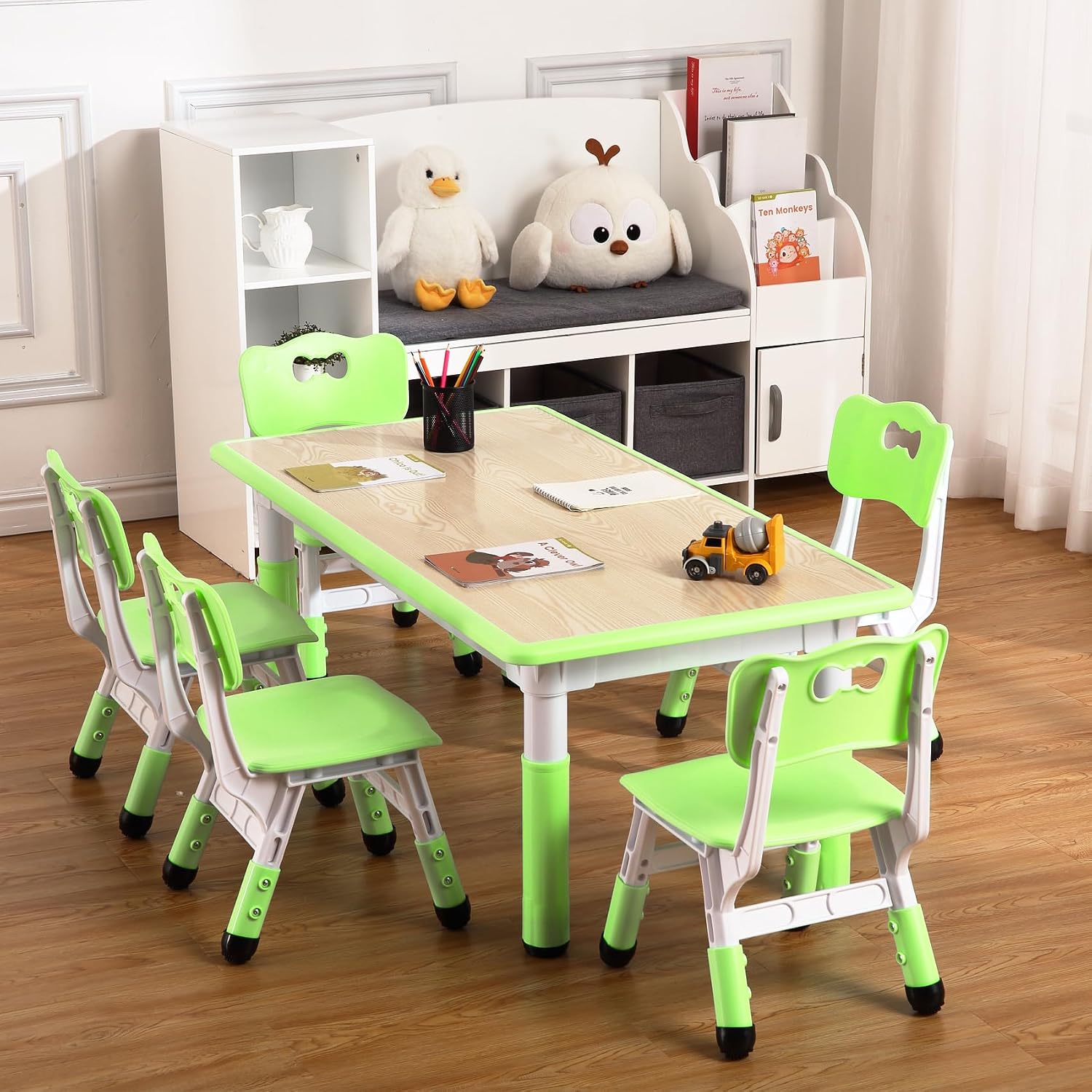 GAOMON Kids Table and 6 Chair Set,Height Adjustable Toddler Arts & Crafts Table and Chair Set for Ages 2-10,Max 300lbs Kids Activity Art Table for Classroom Daycares,Home