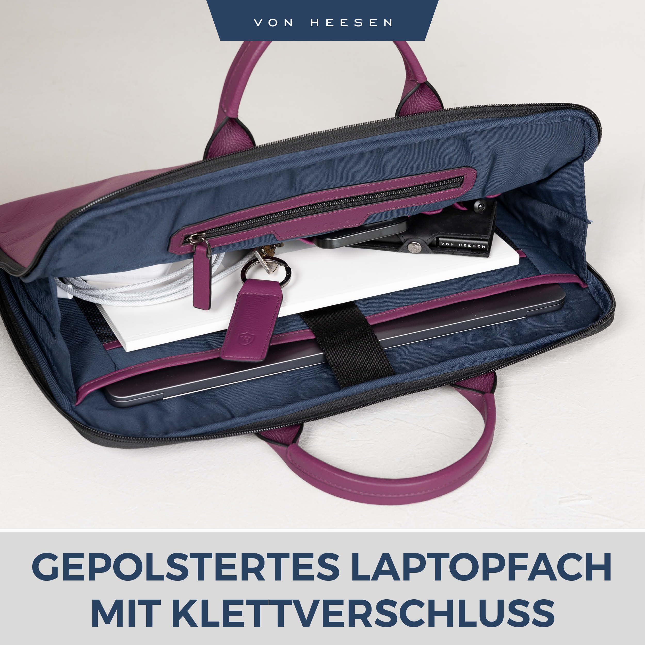VON HEESEN Leder Aktentasche Laptoptasche bis 16 Zoll aus hochwertigem Nappa-Leder
