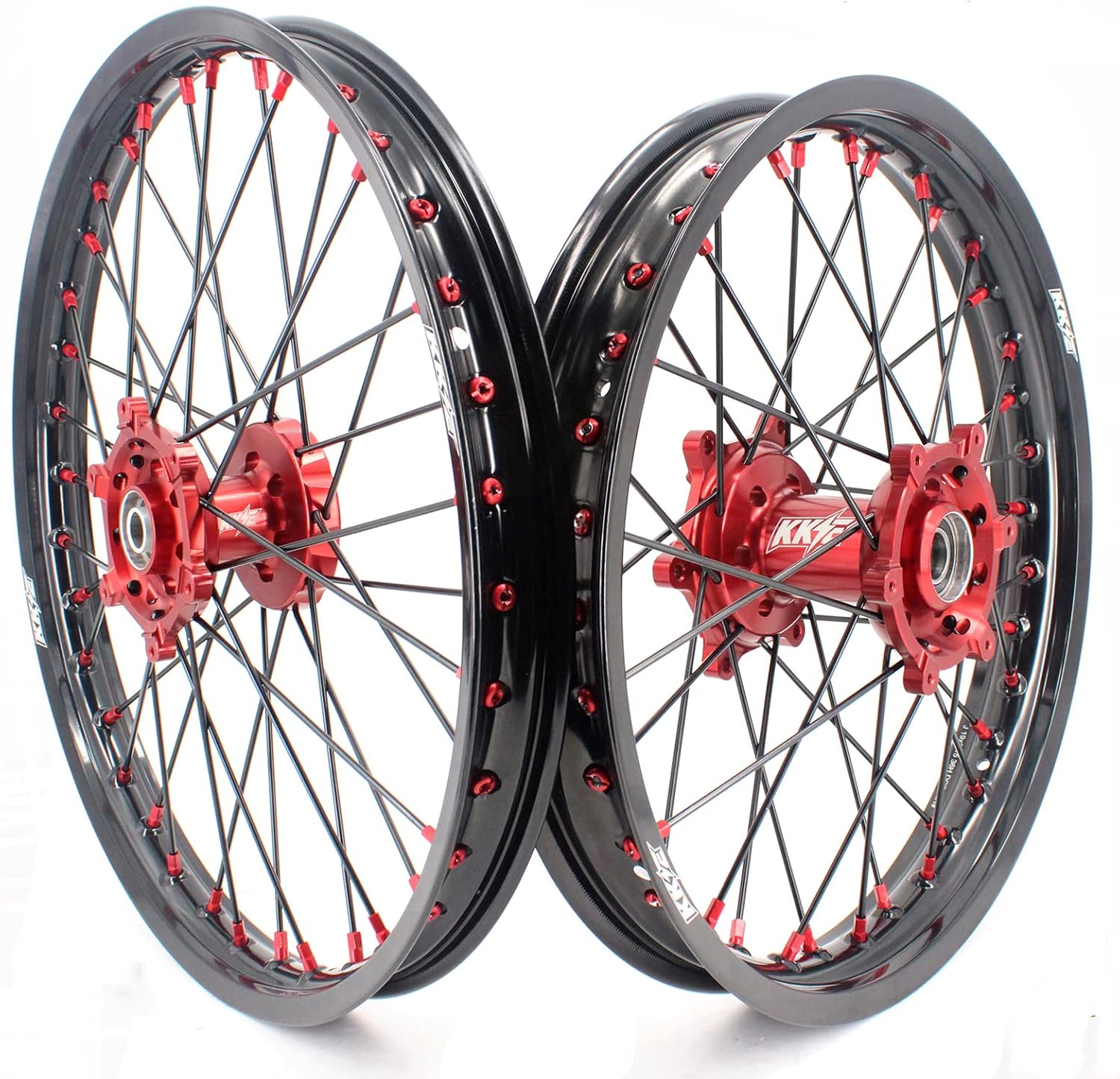 KKE 1.6x21"/2.15x19" MX Off-road Motorcycle Wheels Rims Set Compatible with SUZUKI RMZ250 2007-2024 RMZ450 2005-2024 Red Hub/Nipple Black Rim/Spoke