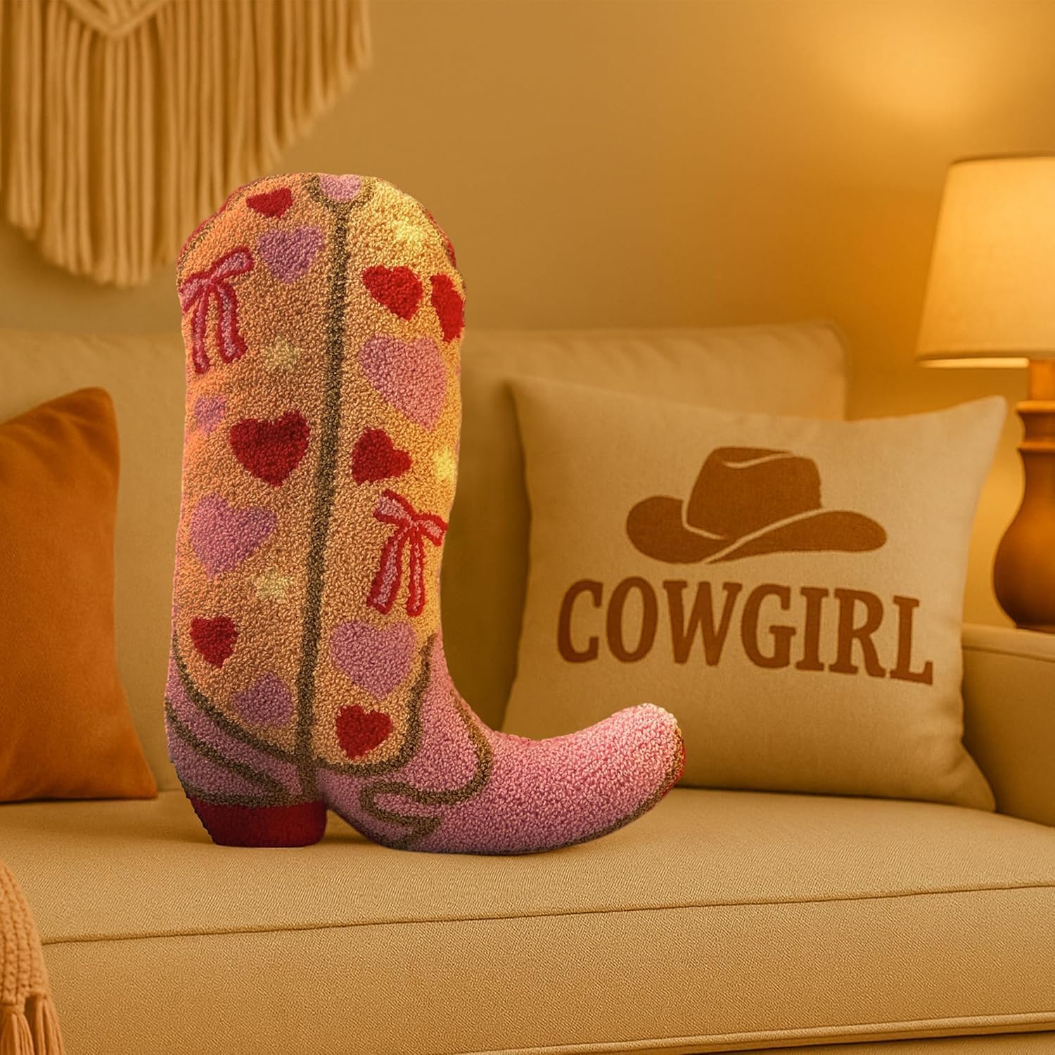 Cowgirl Boot Pillow for Pink & Preppy Aesthetic Room Decor - Textured Rodeo-Inspired Cowgirl Pillow with 3D Embroidered Pink & Red Hearts & Bows Design - Western Throw Pillows for Boho Decor