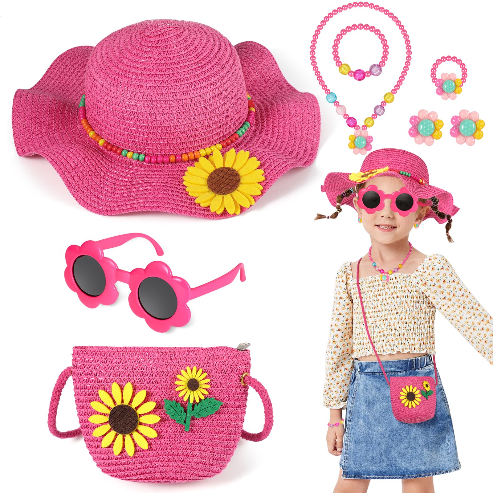 Sonnenhut Kinder Stroh Tasche, Mädchen Strohhut Set mit Kinderschmuck Sonnenbrille, Sommerhut Umhängetasche Mädchen Strohhüte mit Blumendekoration Sommer Strandhut Sonnenhüte