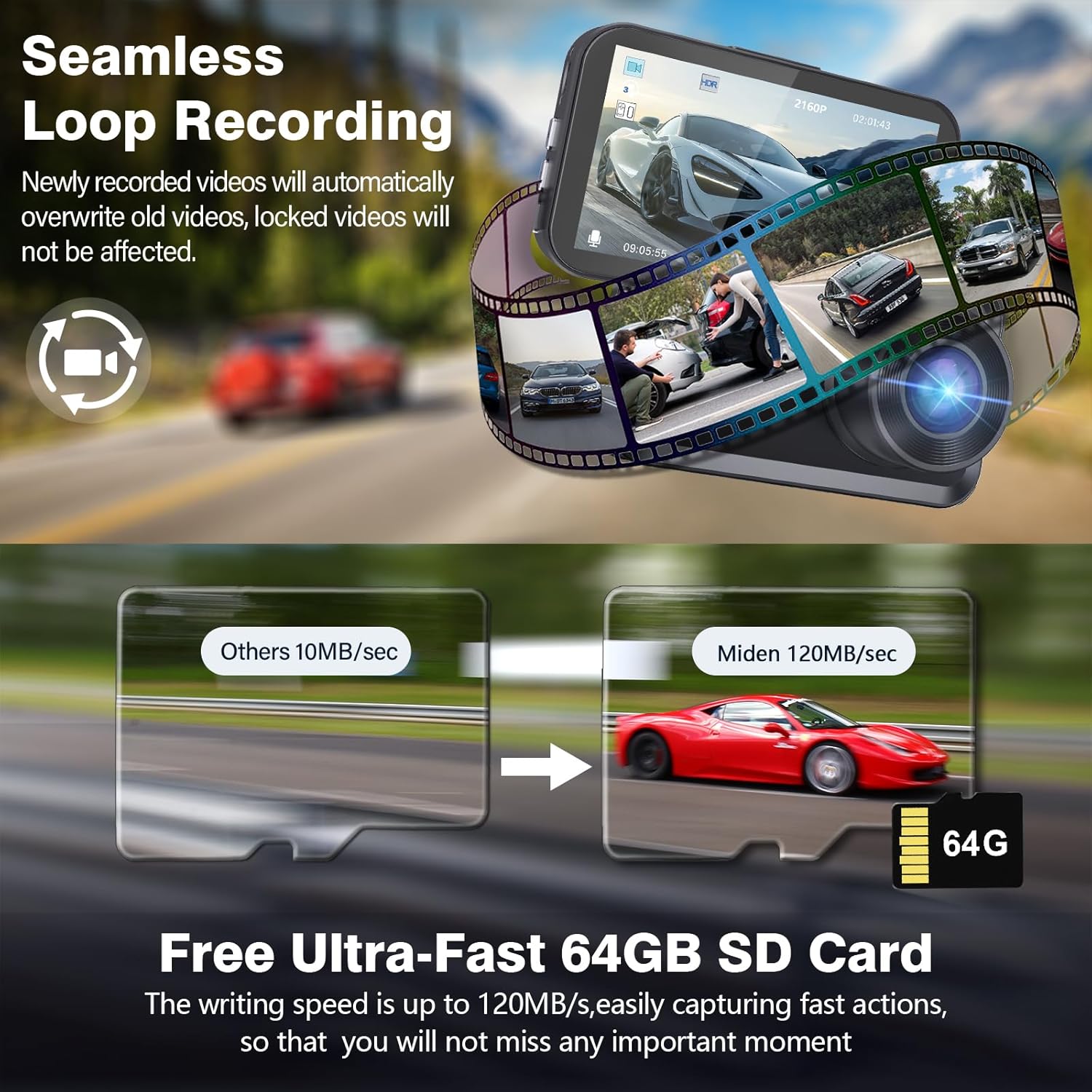 Dual 4K Dash Cam Front and Rear - Free 64G SD Card, 2160P+2160P UHD Dash Camera for Cars, Dashcam with 176°+160° Wide Angle, 3.5'' IPS Screen Dashcam, G-Sensor, WDR, Night Vision, 24H Parking Monitor - Image 4