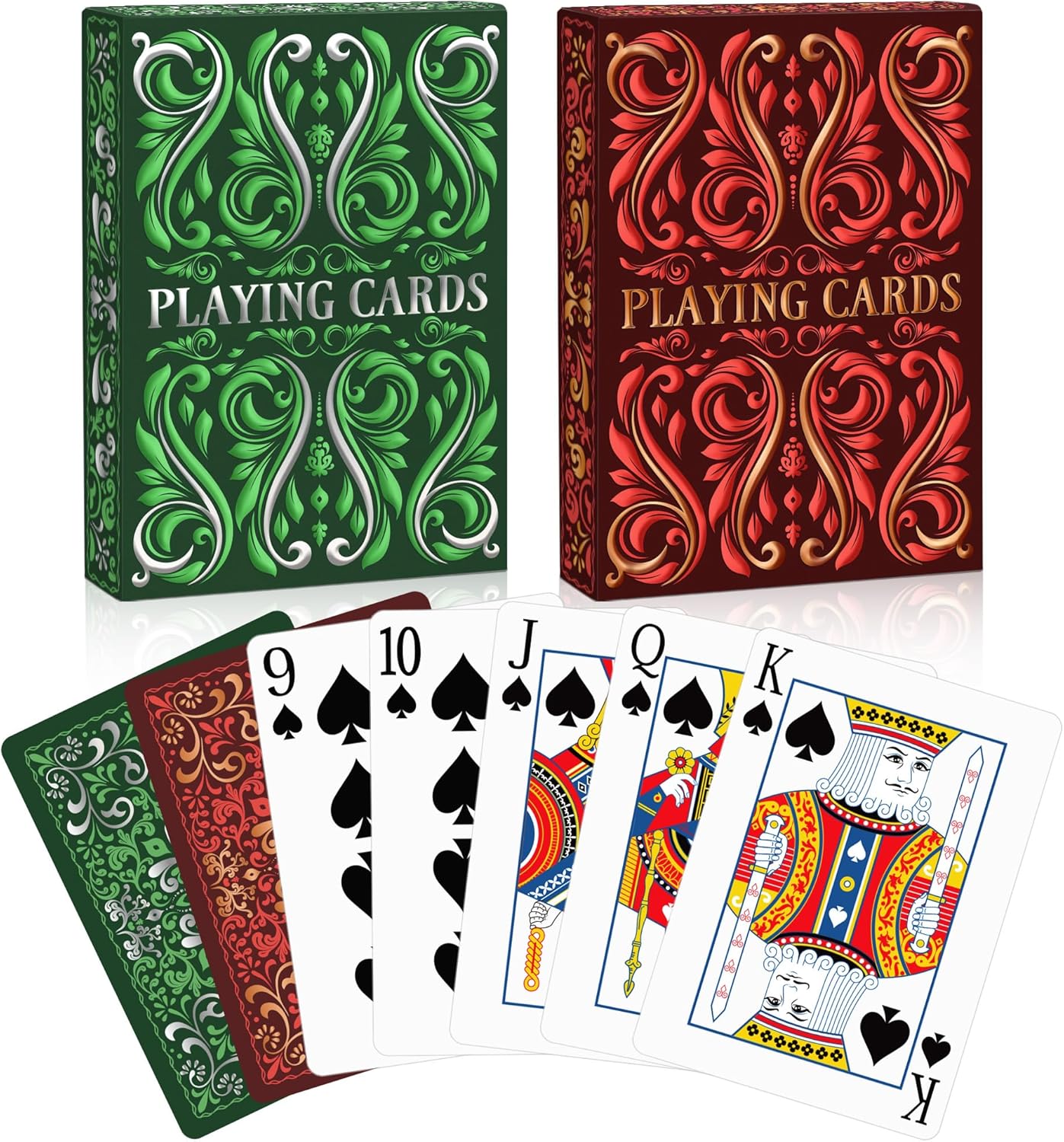 Playing Cards 2 Pack, Deck of Cards, Standard Playing Cards for Adult, Premium Poker Card Set, Deck of Playing Card for Blackjack,Euchre,Canasta,Family Game Night,Party Games (Red & Green)