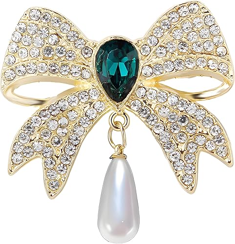 coadipress Broche de lazo de perlas para mujer, brillantes diamantes de imitación de cristal con lazo, alfileres de cinta, ropa elegante, accesorios