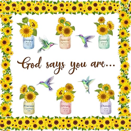 Tablero de anuncios cristiano, decoración con temática de girasol, Dios dice que eres religioso, juego de tablón de anuncios inspirador para aula,