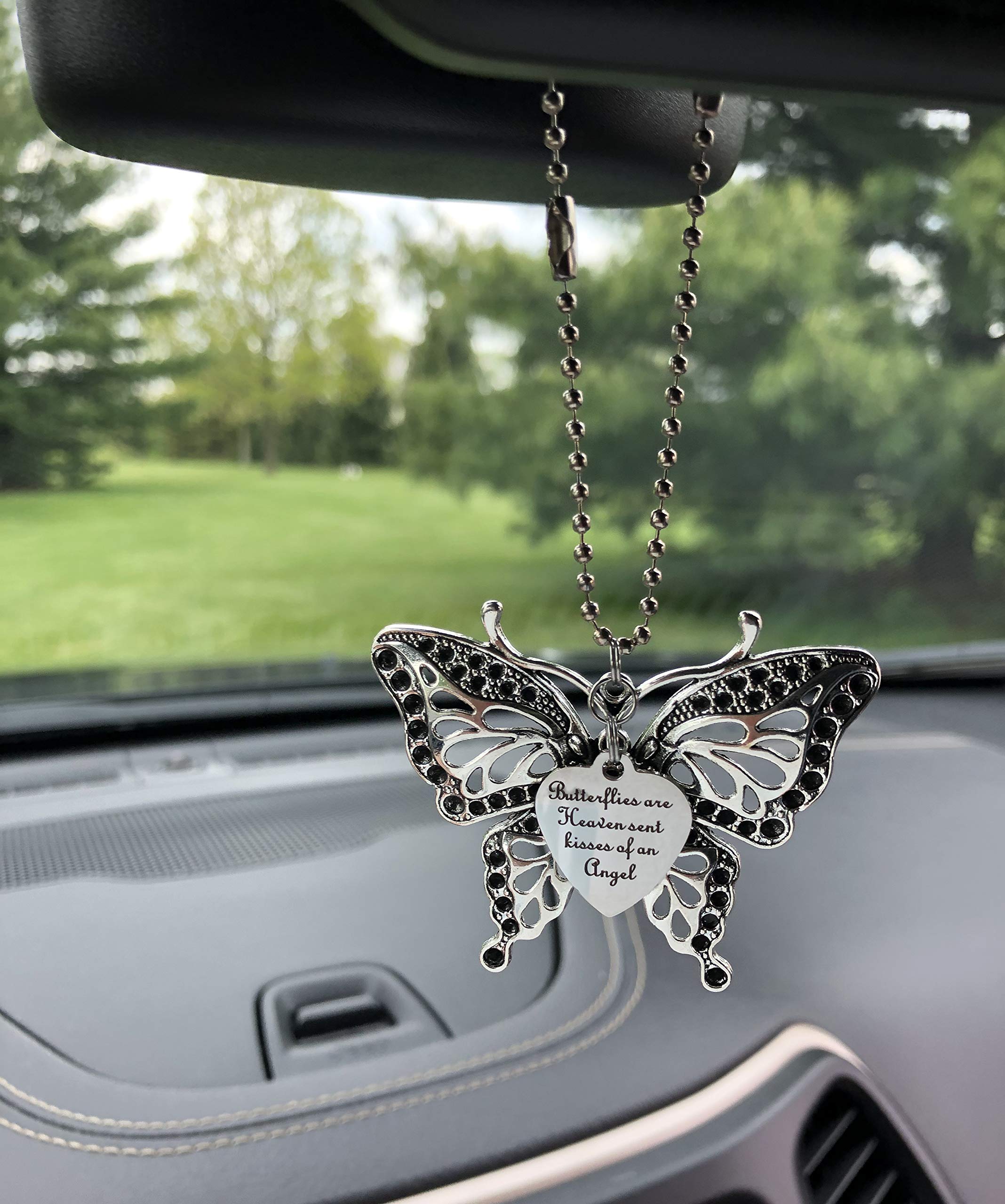 Heart Projects Butterflies are Heaven Sent Kisses from an Angel Large Antique Silver Tone Butterfly Charms Rear View Mirror Car Charm, Memorial Remembrance Hanging Ornament