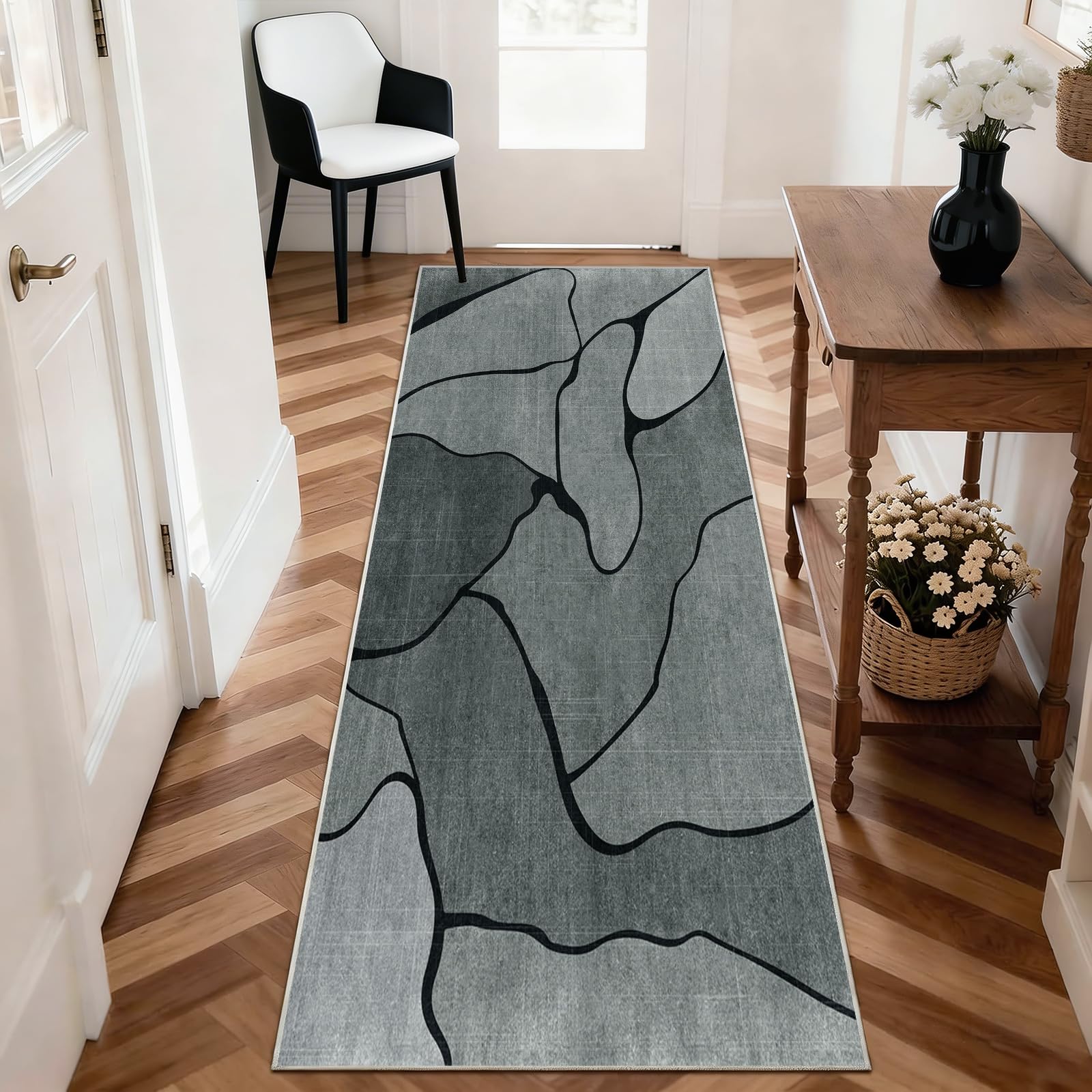 Alishomtll Grey Short Pile Area Rug 60x110 cm, Soft Touch & Non-Slip Weatherproof Rug with TPR Backing, Modern Wavy Geometric Rug, Washable Carpet for Kitchen Living Room, Bedroom & Entryway