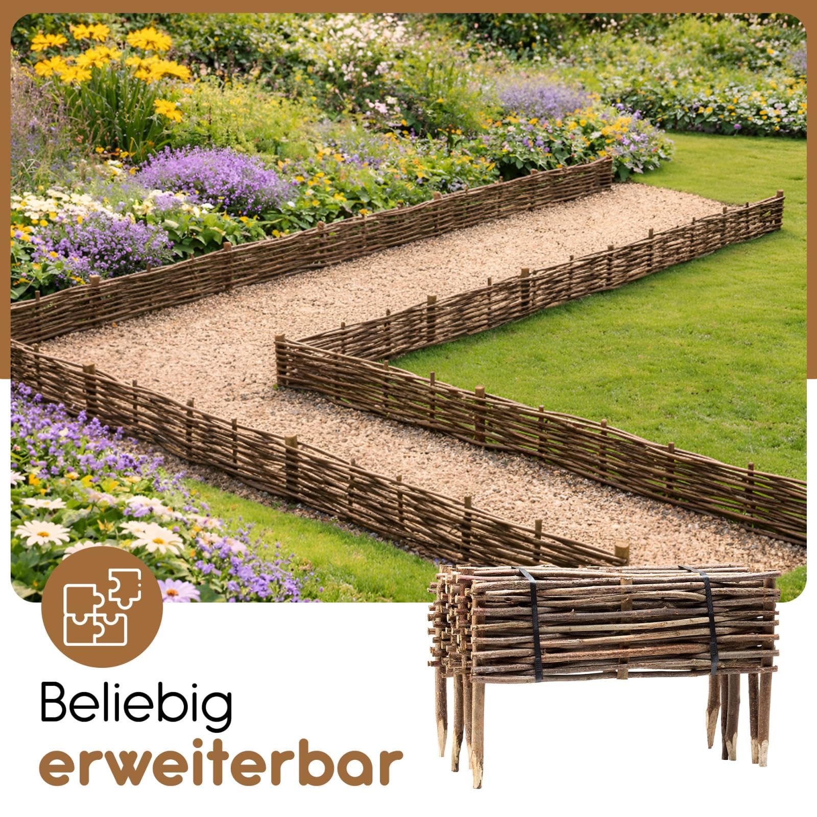 BOOGARDI Mini Gartenzaun Holz · Rasenkante in 3 Größen · 5X Beeteinfassung 20 cm hoch x 120 cm lang · Holz Zaun Beetbegrenzung · Steckzaun zur Beetumrandung · Holzzaun Garten Beetzaun