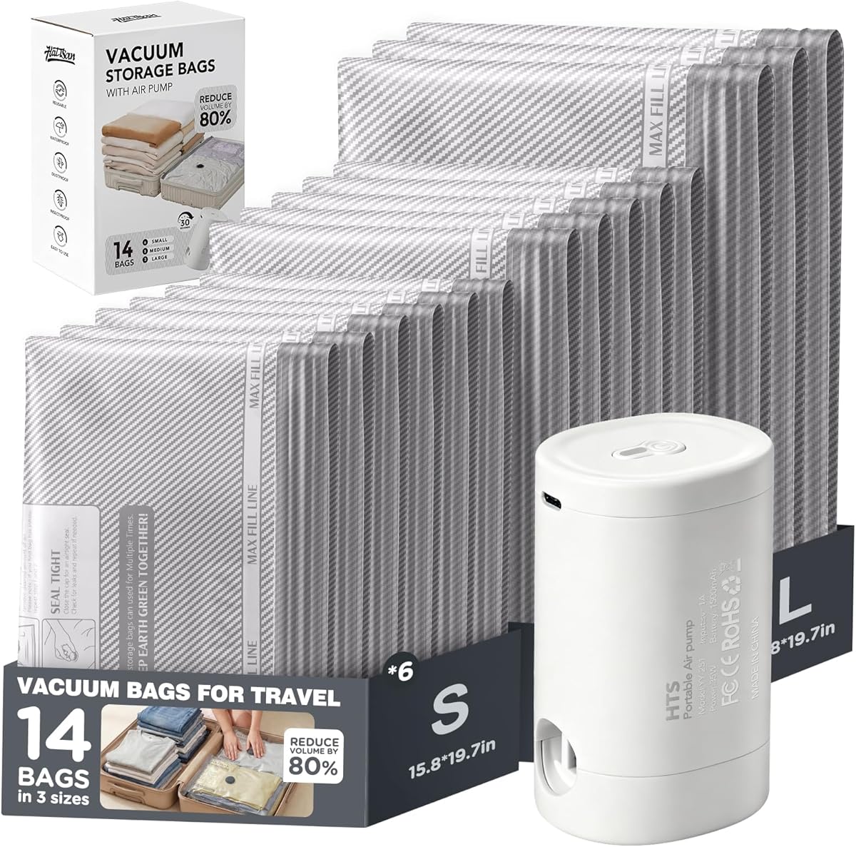 Vacuum Seal Bags for Clothing Travel with Rechargeable Electric Pump, Space Saver Vacuum Storage Bags Travel, Reusable Compression Bags for Luggage Home (14pcs Stripes)