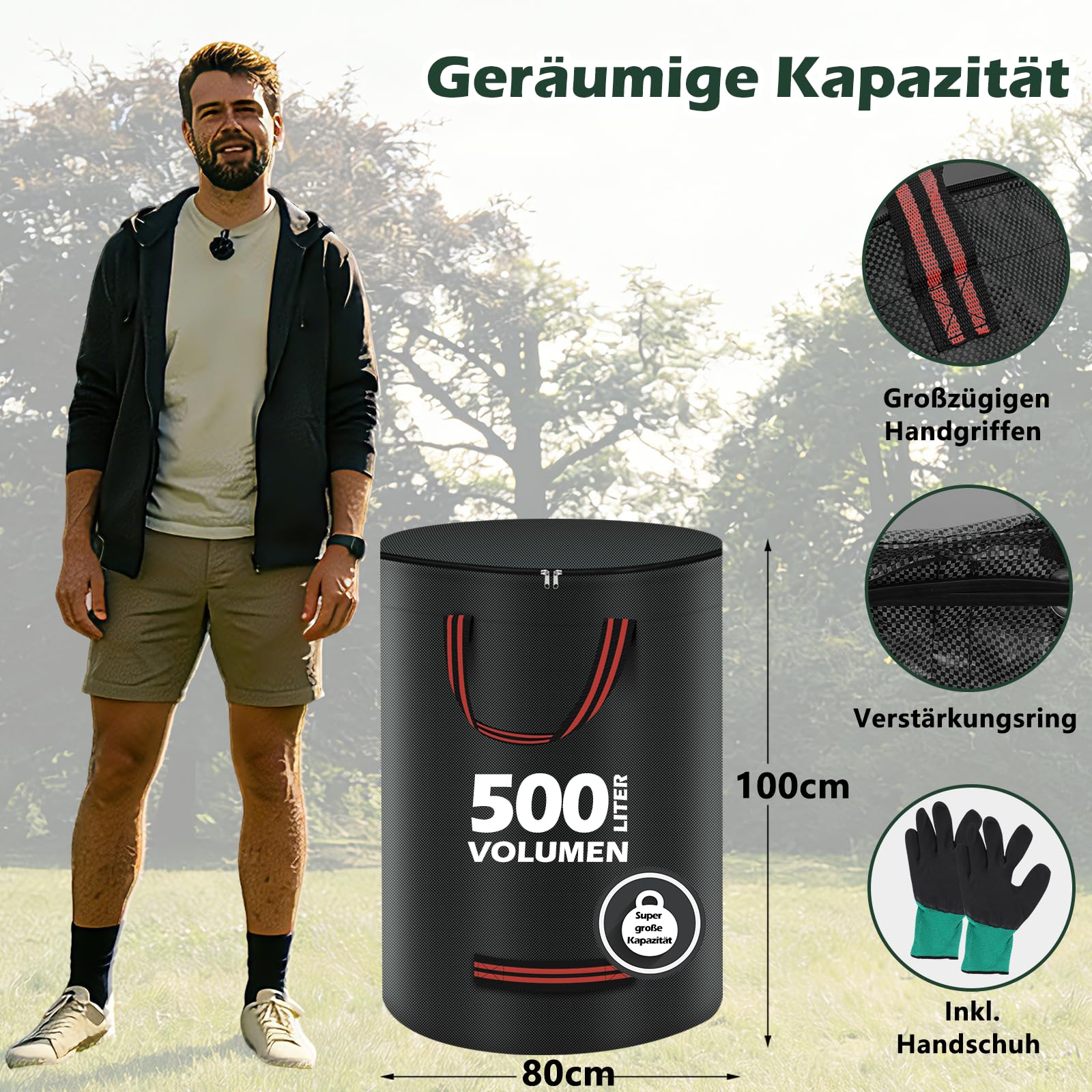 2x 500L Gartenabfallsack Stabil mit Deckel, Gartensack Groß mit DOPPELTER BODEN, Faltbarer Laubsack mit 4 Griffen und Handschuhen für Laub, Rasenschnitt und Heckenschnitt, Schwarz