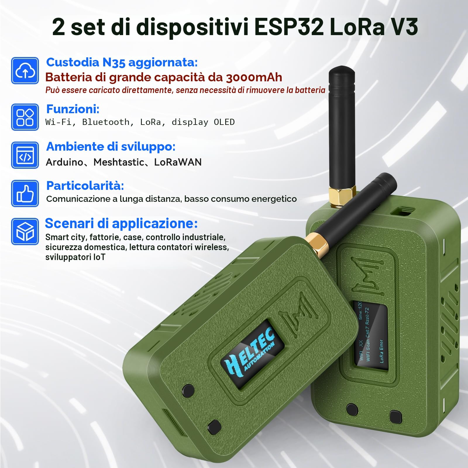 2 Set ESP32 LoRa V3 Modulplatine con Antenna 868 MHz + Batteria 3000 mAh + Custodia Protettiva con WLAN Integrato Bluetooth SX1262 CP2102 Display OLED 0,96" Tipo C per Arduino Lora Meshtastic IoT (N35