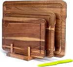 Ensemble de planches à découper en bois d'Acacia 3, Comprend le support libre et le couteau à parage, les planches à copeaux à double side avec rainure de jus et trou de suspension pour la viande, les légumes, le fromage et le service