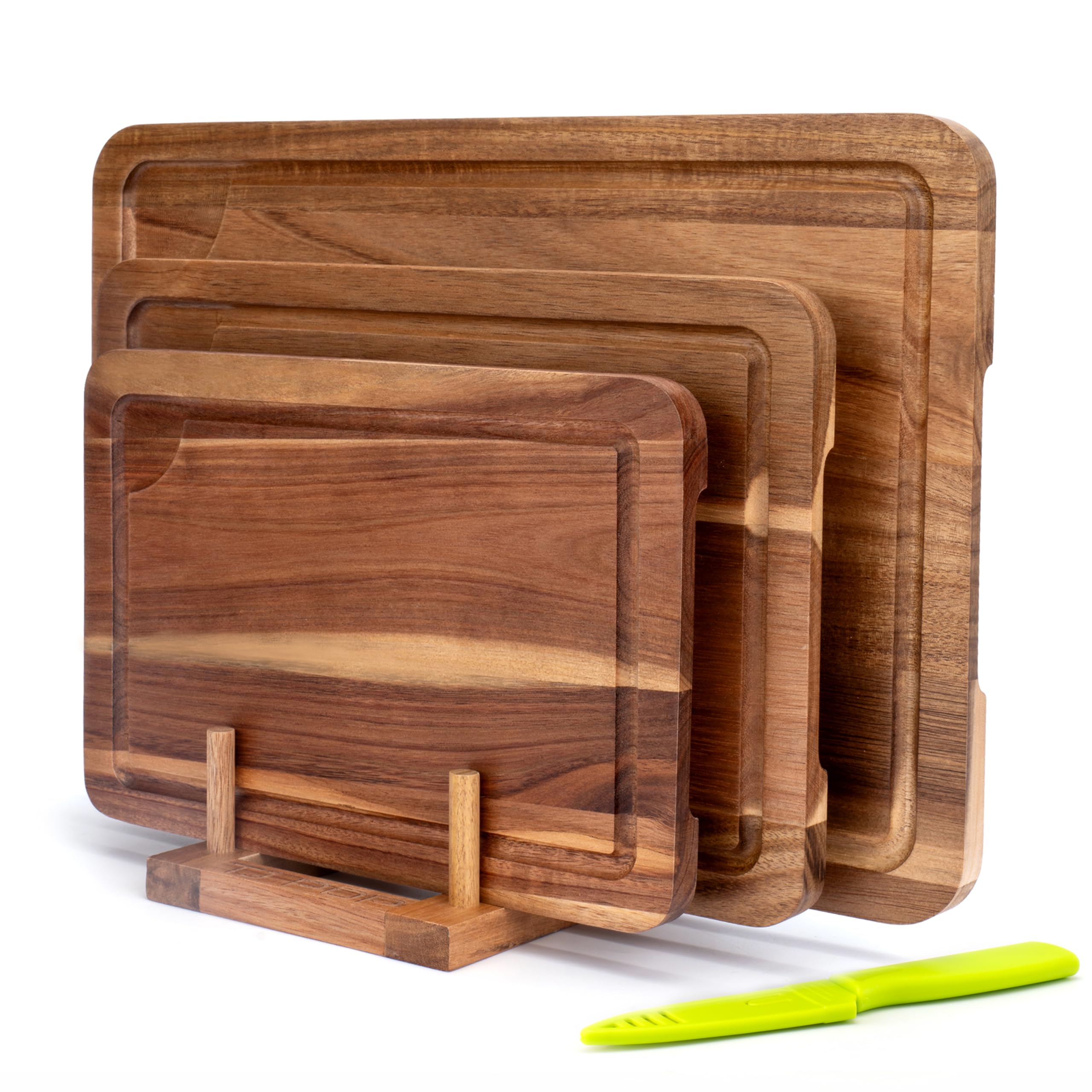 Set de 3 Planches à Découper en Bois d'Acacia avec Rainure pour Jus, Support et Couteau à Fruits Offerts, Planche à Découper Double Face pour Viande, Légumes et Fromage.