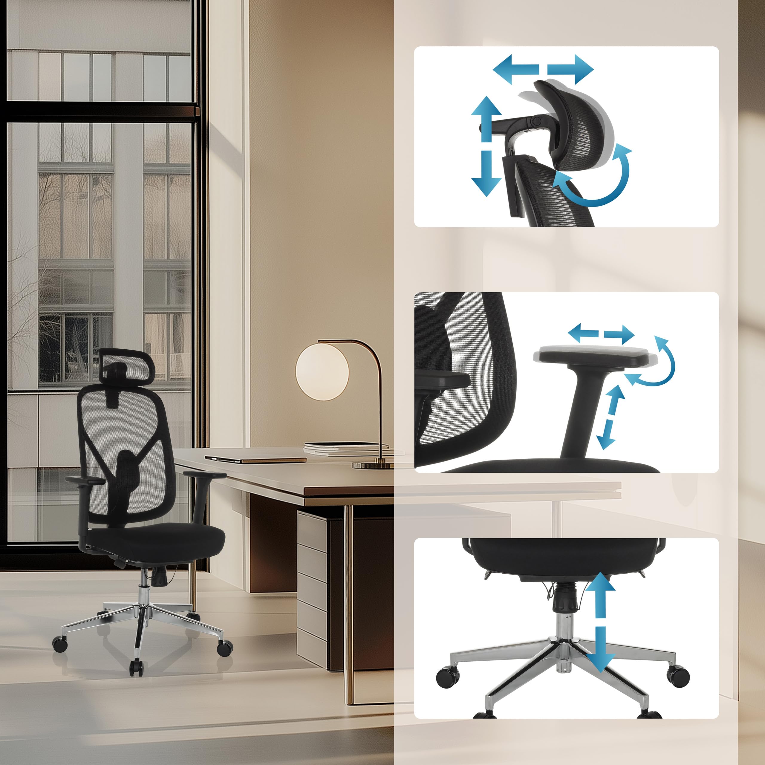 hjh OFFICE Bürostuhl ergonomisch RALOO PRO Netz Drehstuhl mit Verstellbarer Kopf- und Lordosenstütze, Sitztiefenverstellung, Schwarz