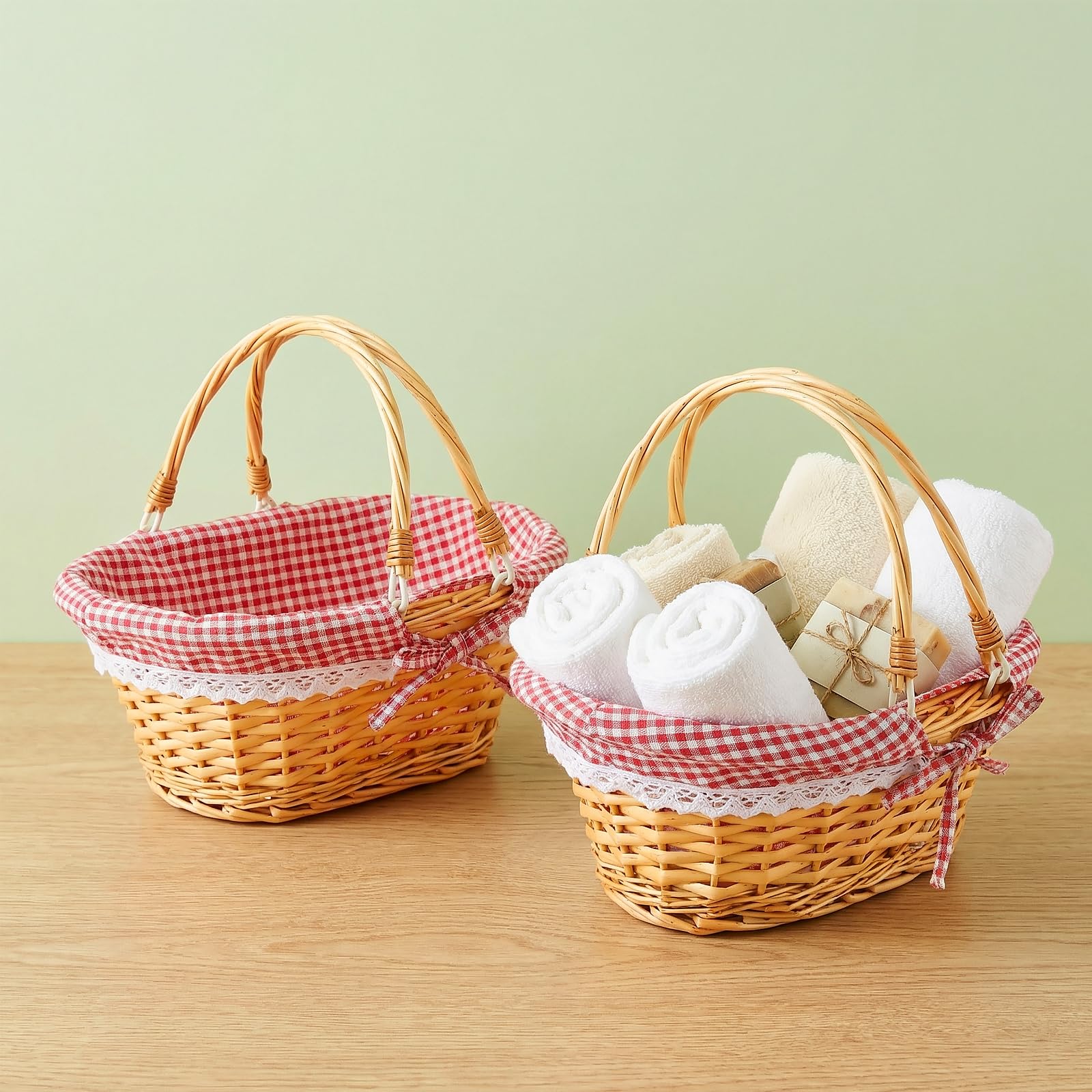 2 Stück Picknickkorb aus Weide, 33x23x12cm, Handgeflochtener Weidenkorb mit Henkel und Gingham Futter, Großer Geflochtener Korb für Obst, Einkaufen, Eiersammeln, Hochzeit und Picknick