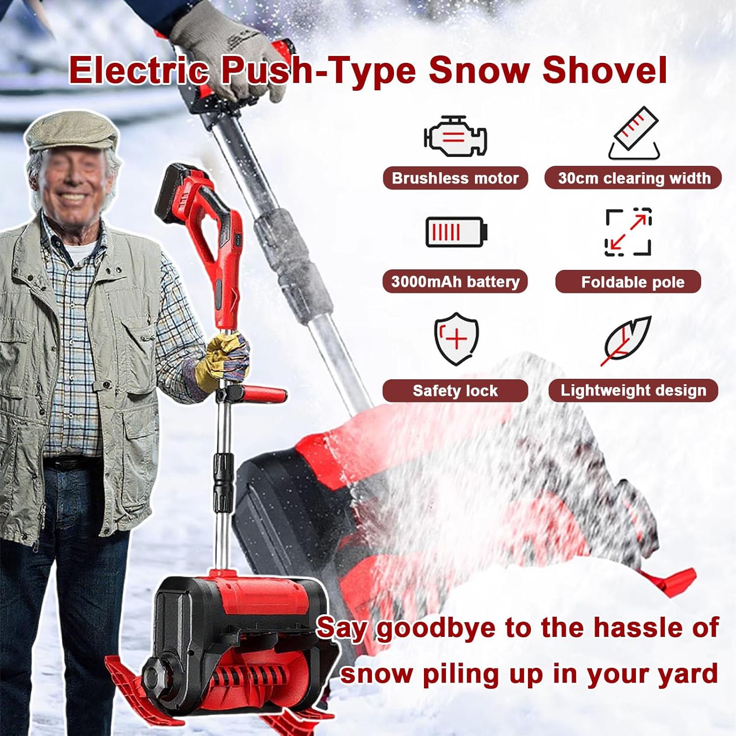 Electric Snow Shovel - Cordless Snow Blower, 3000 mAh Battery Snow Thrower with Foldable Pole + Dual Switch, 3000 RPM, Cleaning Width of Up to 30 cm, for Courtyard/Sidewalk Red-1battery