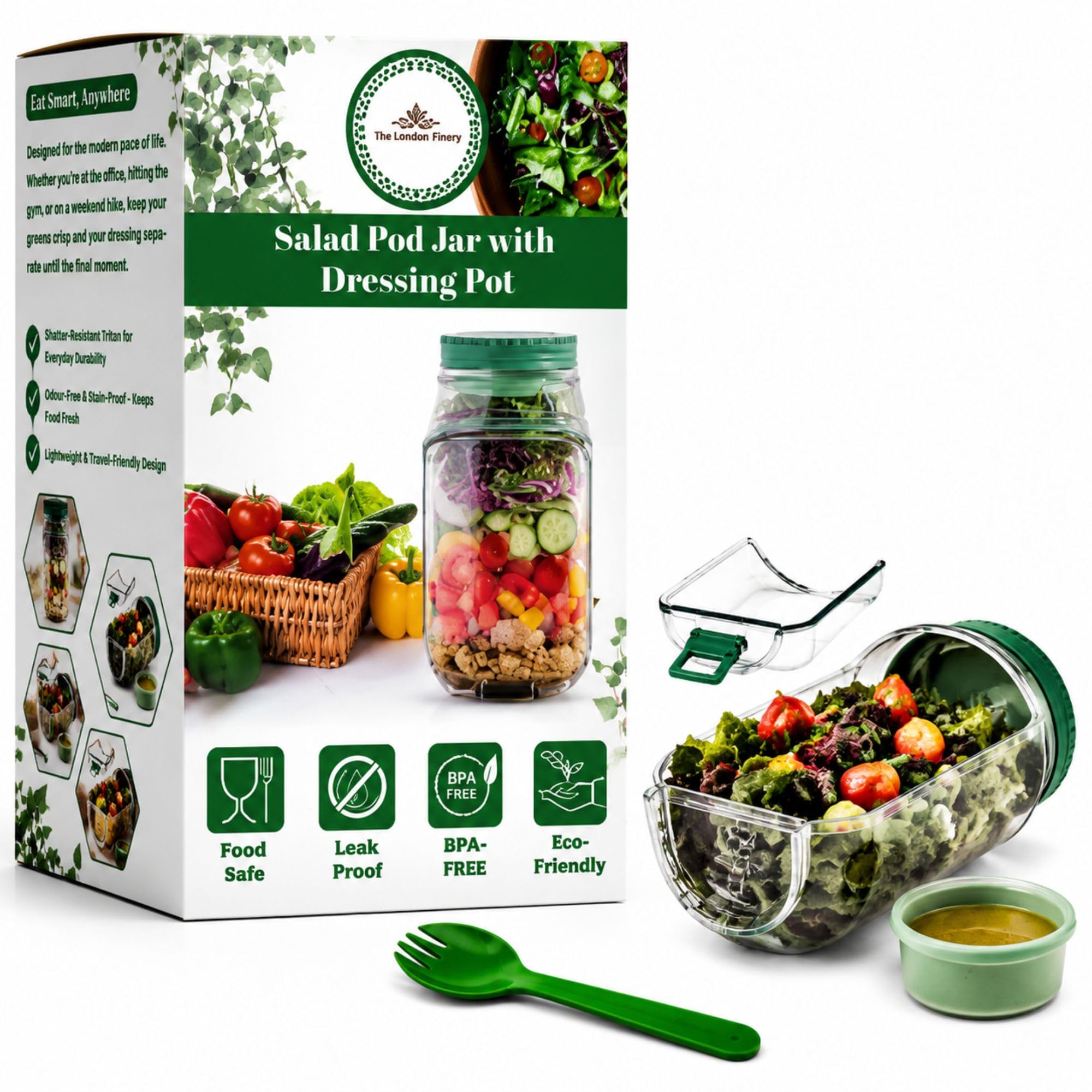 TLF Salad Pod Jar with Dressing Cup & Fork, Leak-Proof, BPA-Free, Portable Salad Container for Meal Prep, Keeps The Greens Fresh No More Soggy Salad, On-the-Go Food Storage