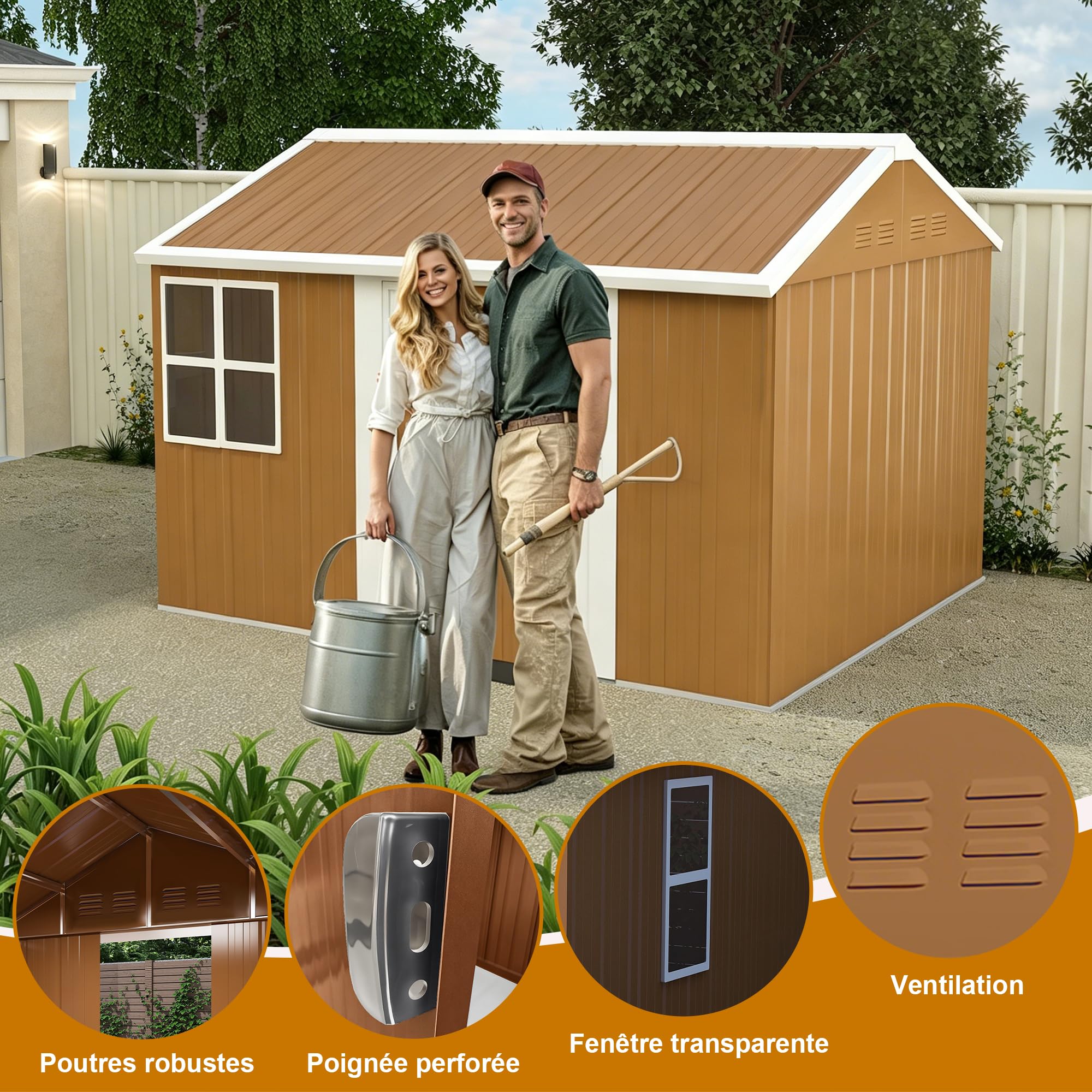 Azkoeesy Capanno Giardino Acciaio 184x116 / 300x240 / 360x298 cm, Metallico Impermeabile con Finestre - Porta Serrabile - Ventilazione, Senza Base, per Attrezzi e Biciclette (300x240 cm)