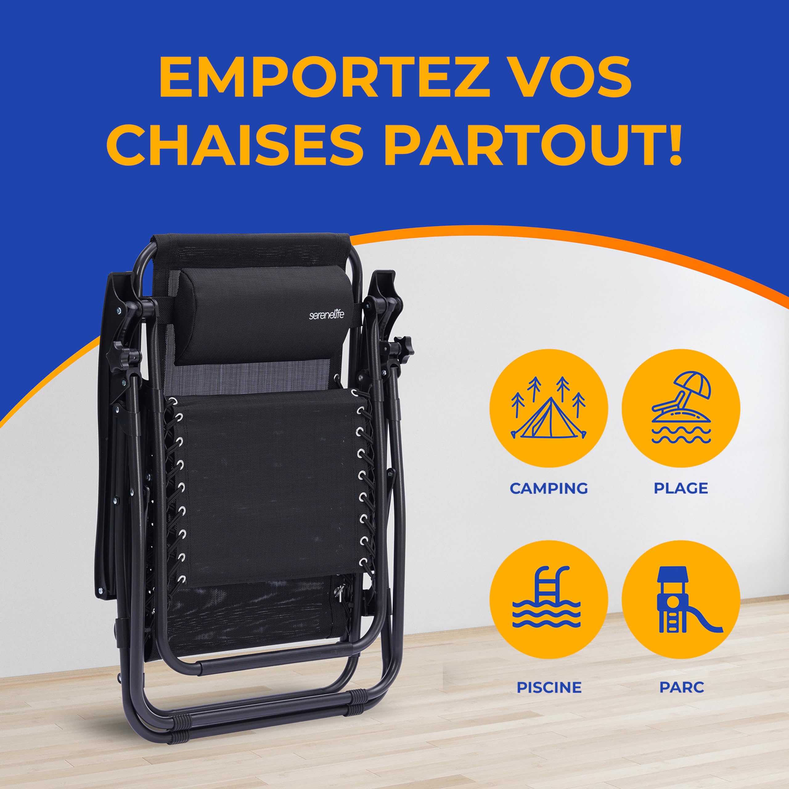 SereneLife Set de 2 Chaises Pliantes - Chaise Longue Réglable pour Extérieur avec Table Latérale, Porte-Gobelets, Oreillers Amovibles - Patio, Jardin, Plage - Noir