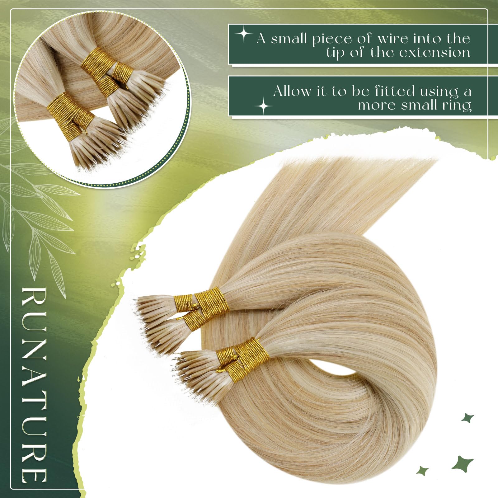 RUNATURE Nano Beads Hair Extensions Real Human Hair 16 Inch Nano Hair Extensions Highlight Honey Blonde Invisible Nano Ring Cold Fusion Hair 50s 50g #18/613 - Image 3