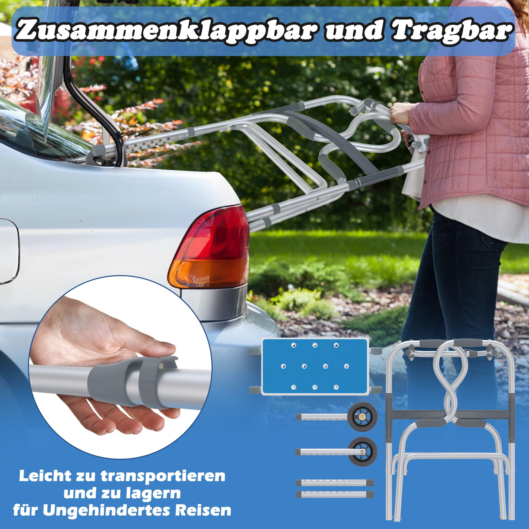 Froadp Andador para personas mayores, caballete de aluminio, fácil de ajustar en altura, con 2 ruedas giratorias, antideslizante, estable, andador, estrecho, para apartamentos, ayuda de pie, mango