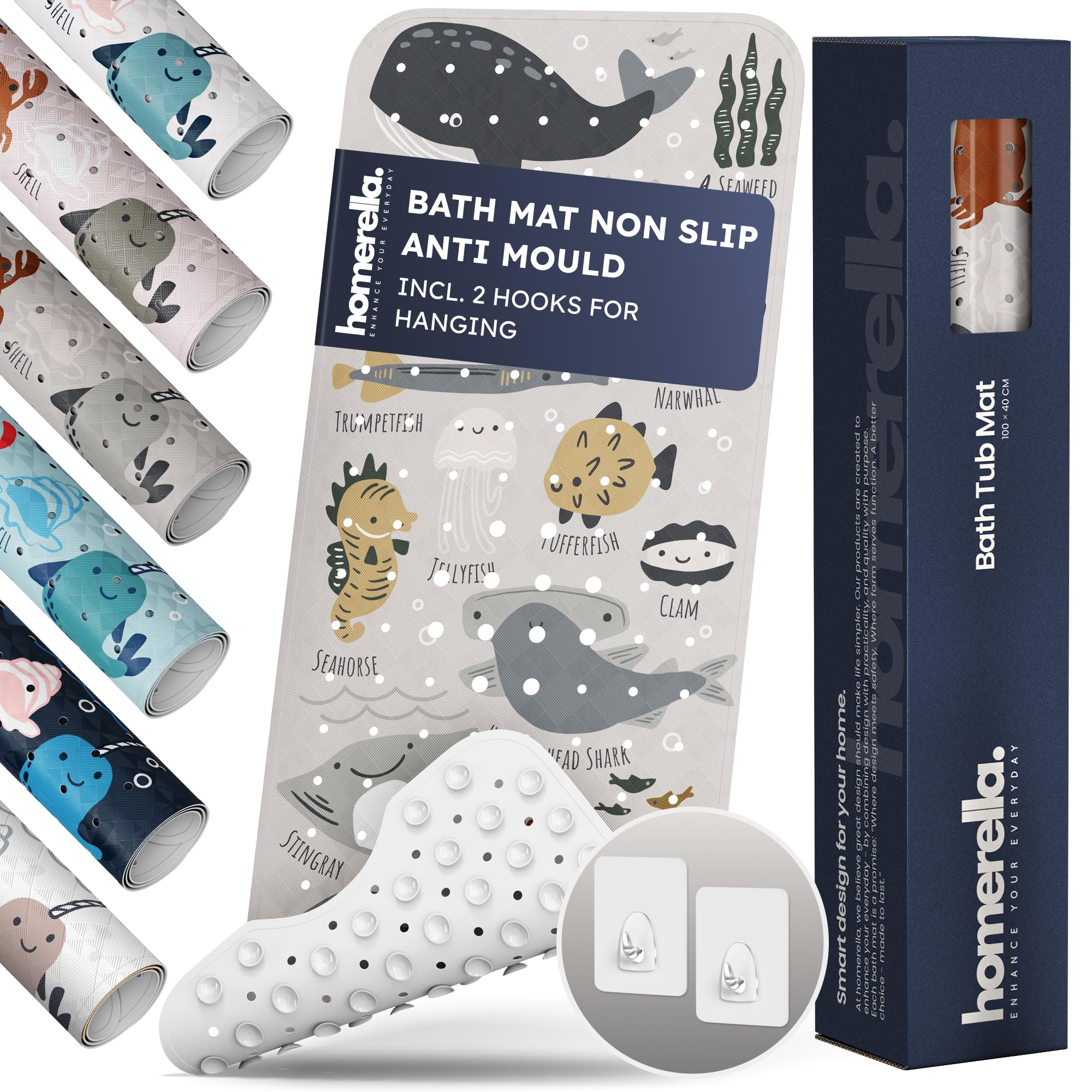 Homerella Greige Underwater Abc Bath Mat Non Slip Anti Mould Kids 100X40cm Incl. 2 Hooks - Anti Slip Bathtub Mat Machine Washable, Bpa Free, Toddler Non Slip Bath Mat For Inside Bath Tub